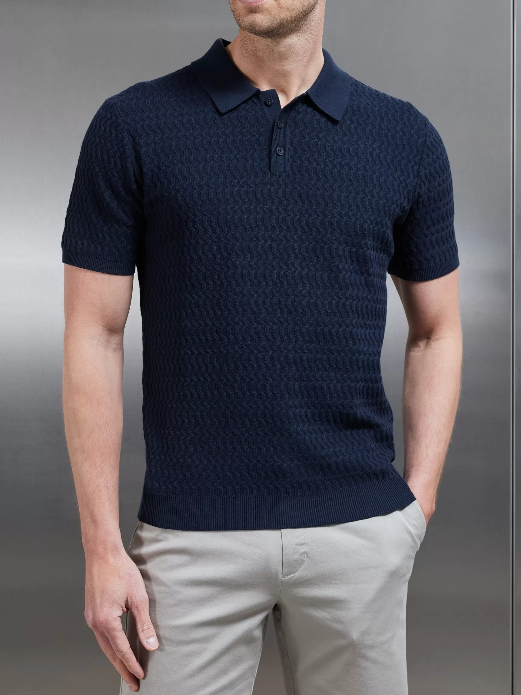Cheap ARNE Cotton Knitted Textured Button Polo Shirt - Navy