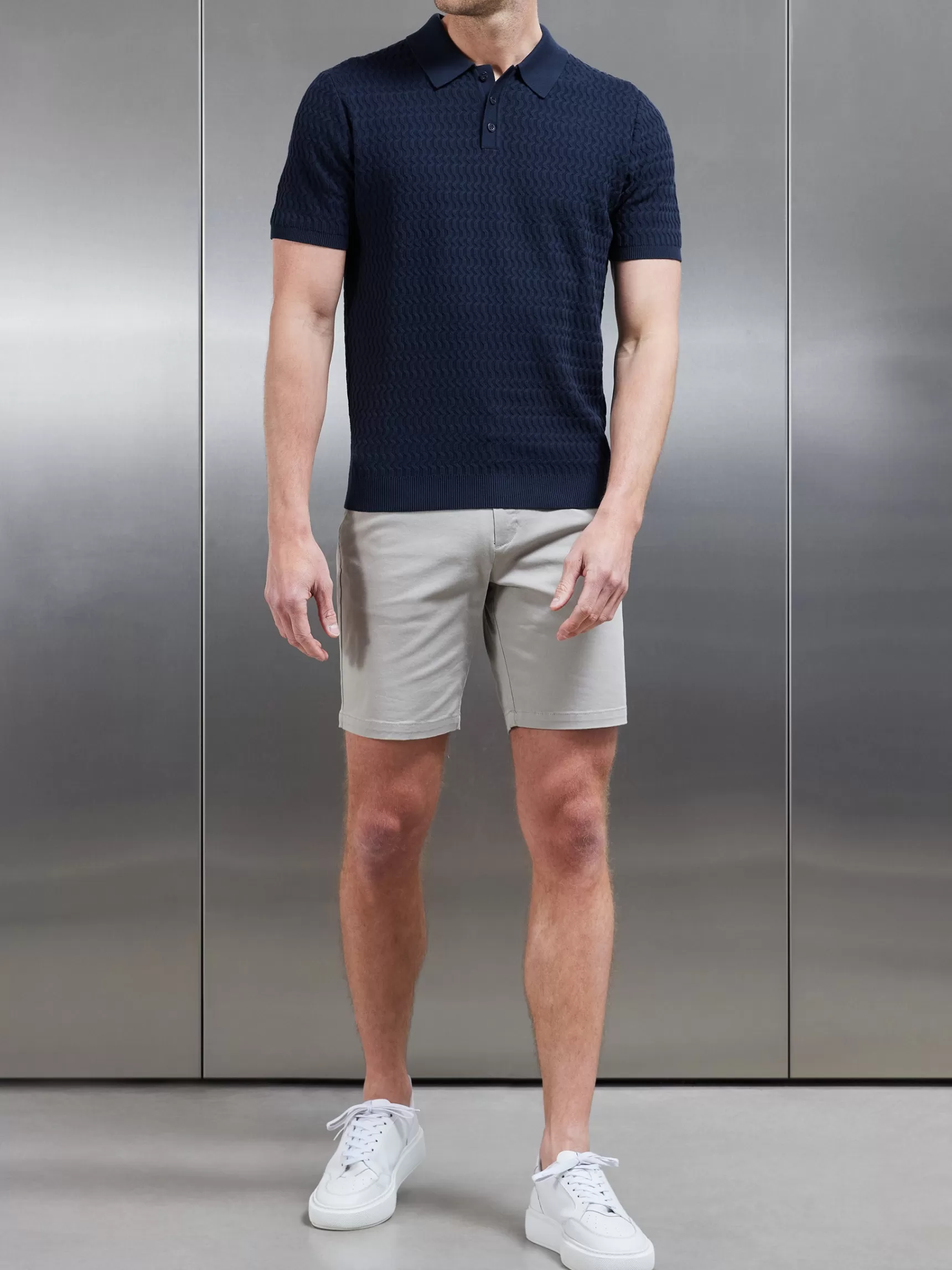 Cheap ARNE Cotton Knitted Textured Button Polo Shirt - Navy