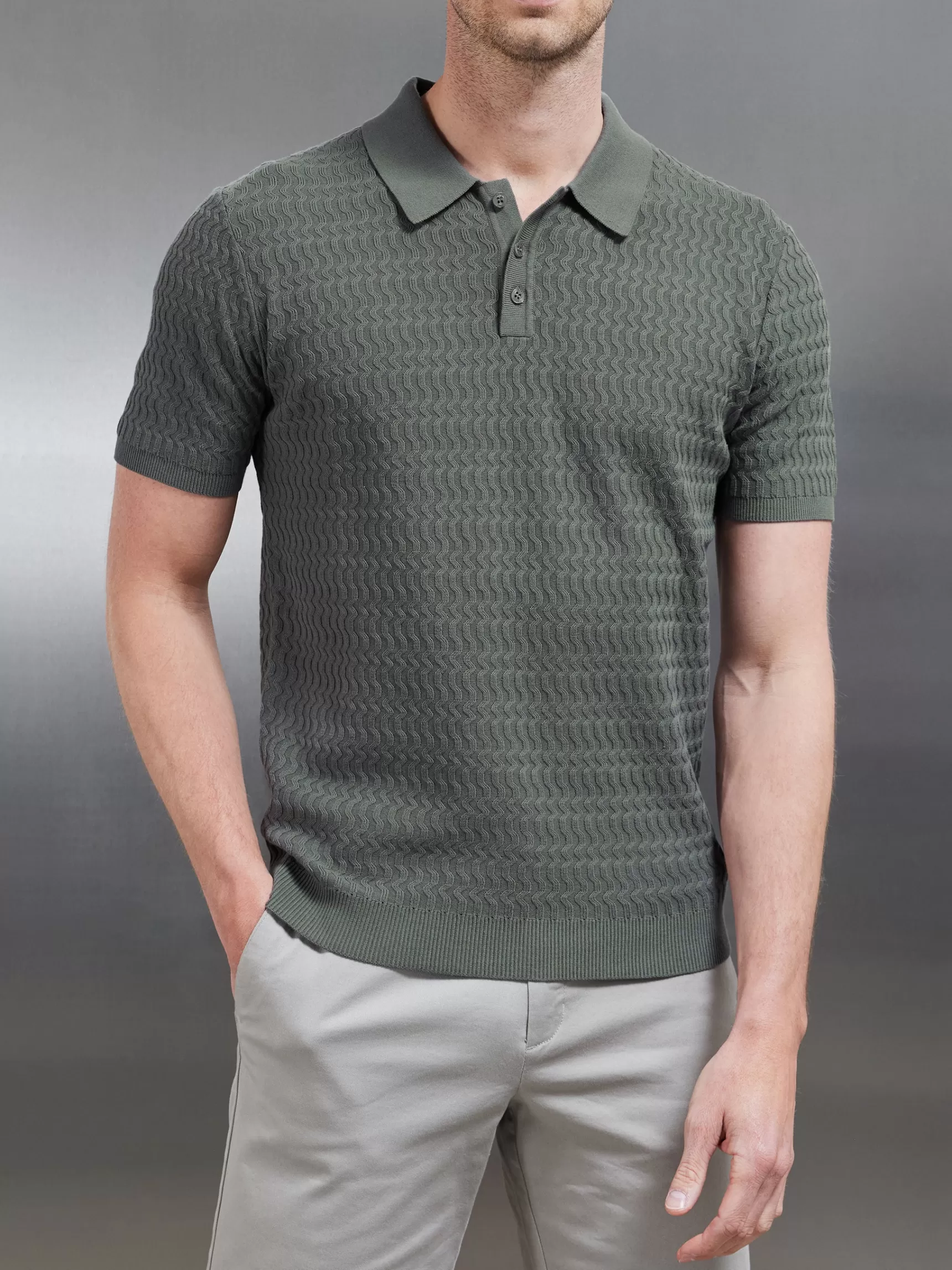 Hot ARNE Cotton Knitted Textured Button Polo Shirt - Sage