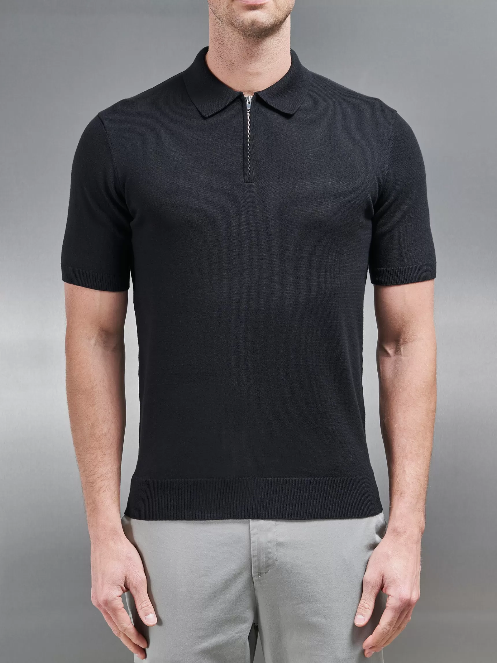 Best Sale ARNE Cotton Knitted Zip Polo Shirt - Black