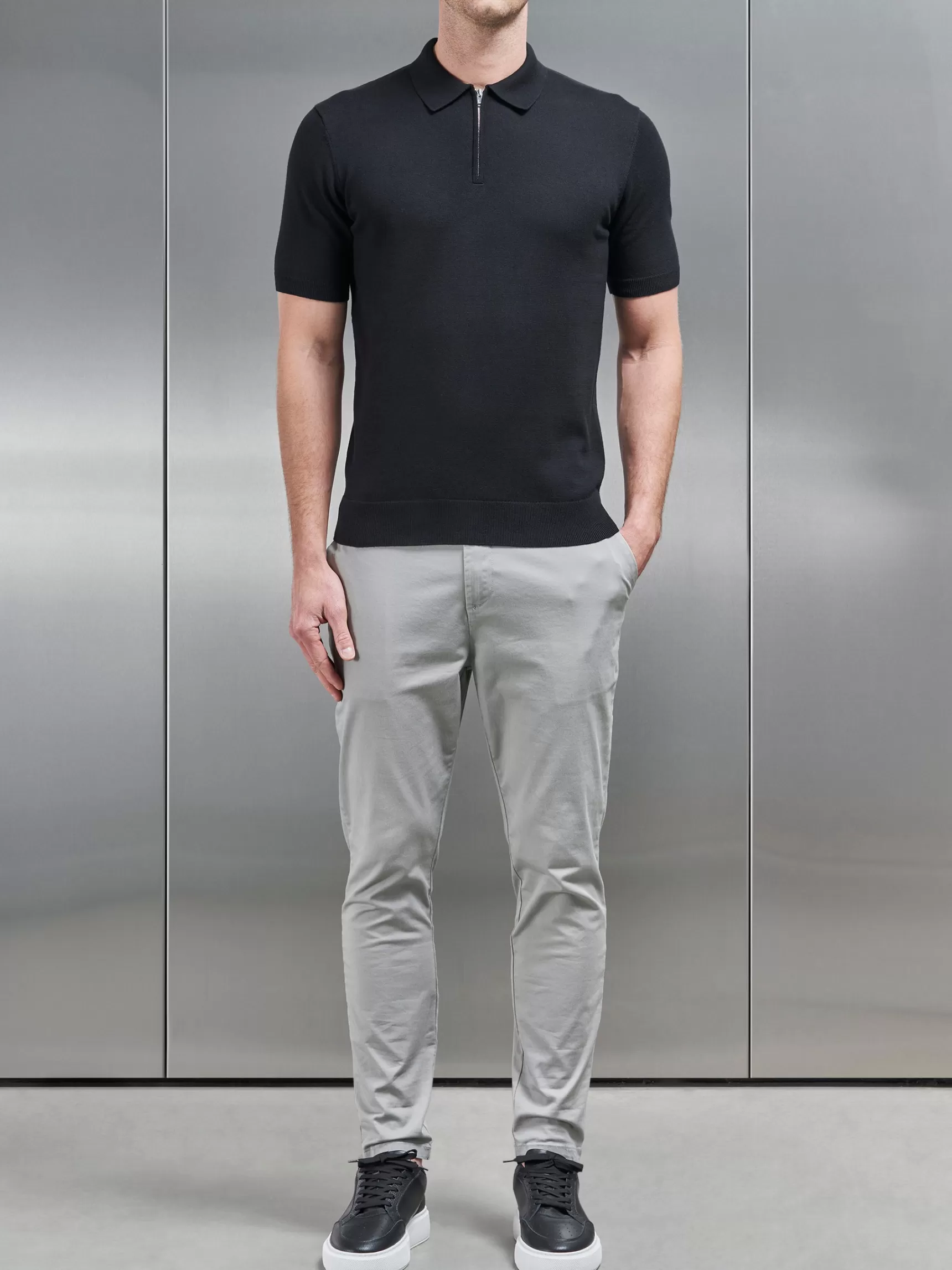 Best Sale ARNE Cotton Knitted Zip Polo Shirt - Black