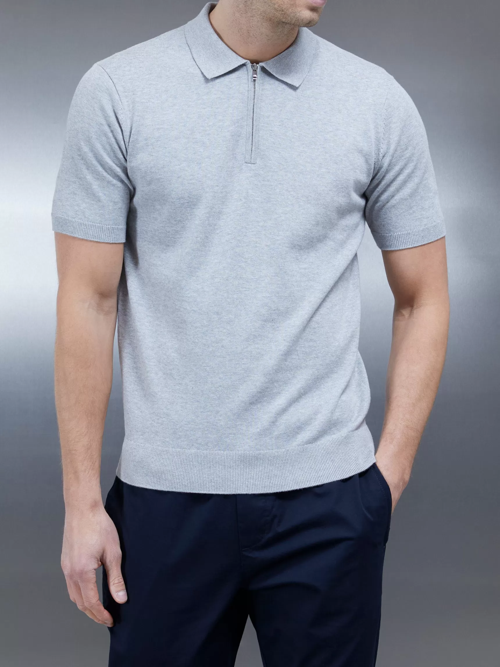 New ARNE Cotton Knitted Zip Polo Shirt - Marl Grey MarlGrey