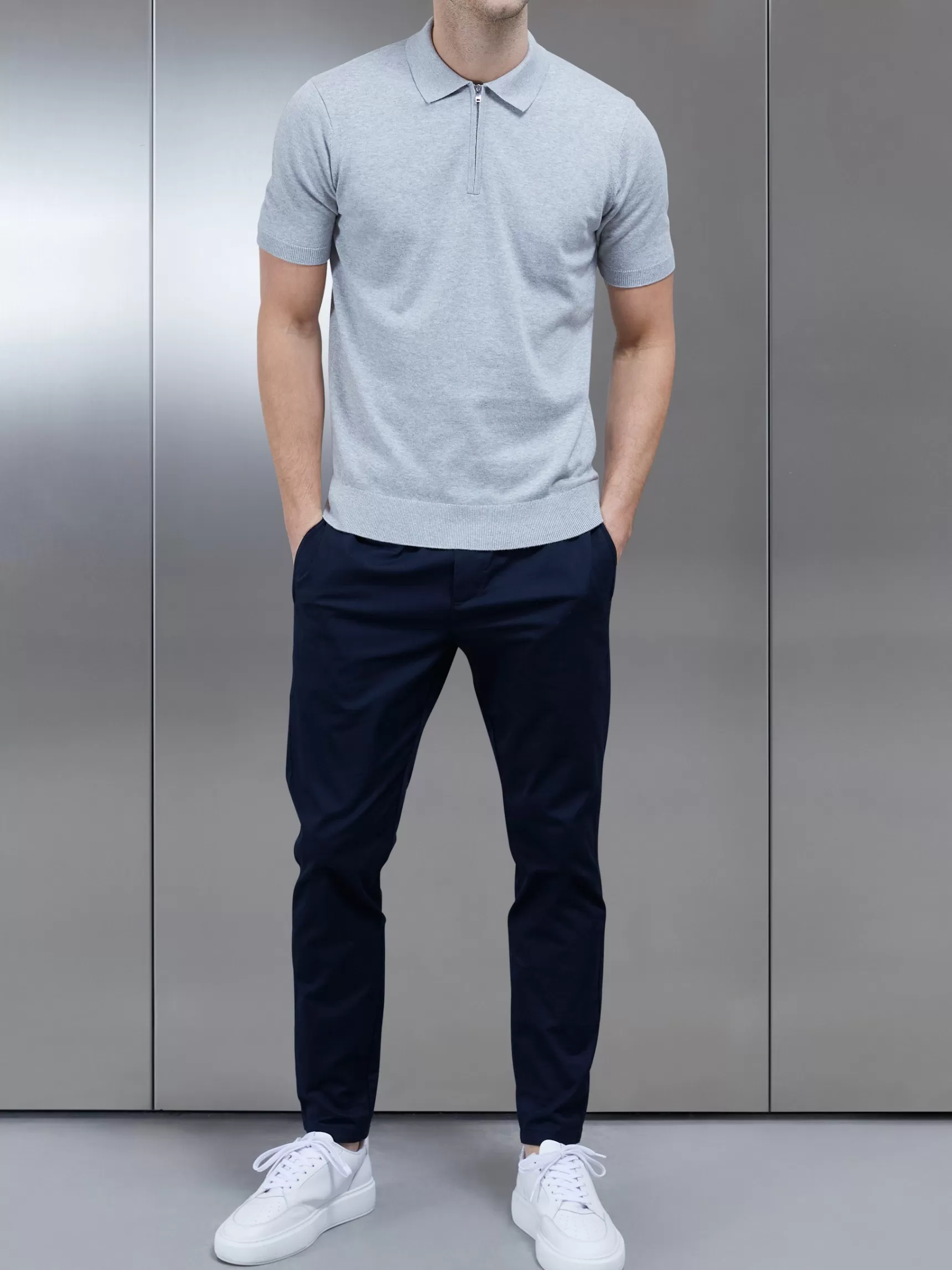 New ARNE Cotton Knitted Zip Polo Shirt - Marl Grey MarlGrey