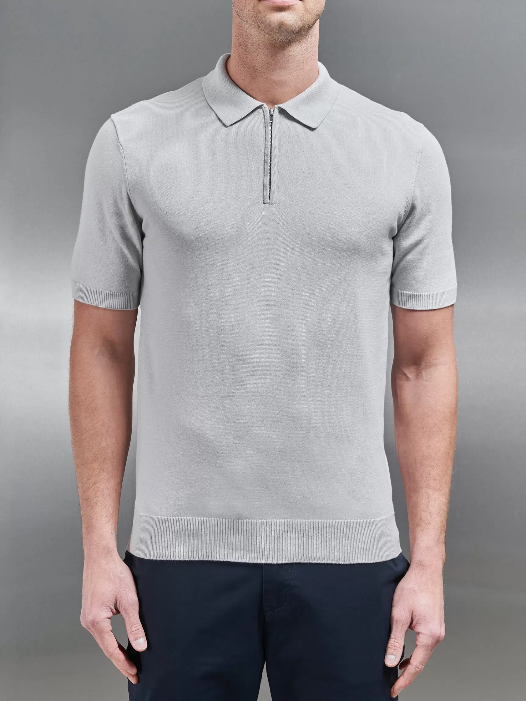 Outlet ARNE Cotton Knitted Zip Polo Shirt - Mid Grey MidGrey