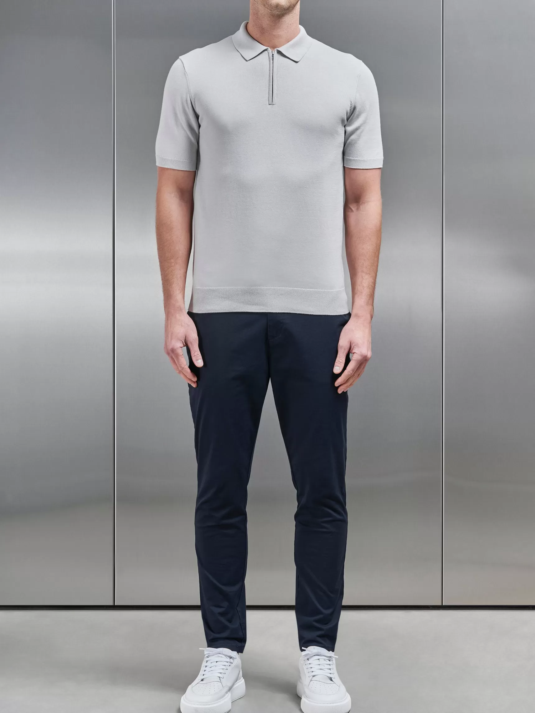 Outlet ARNE Cotton Knitted Zip Polo Shirt - Mid Grey MidGrey