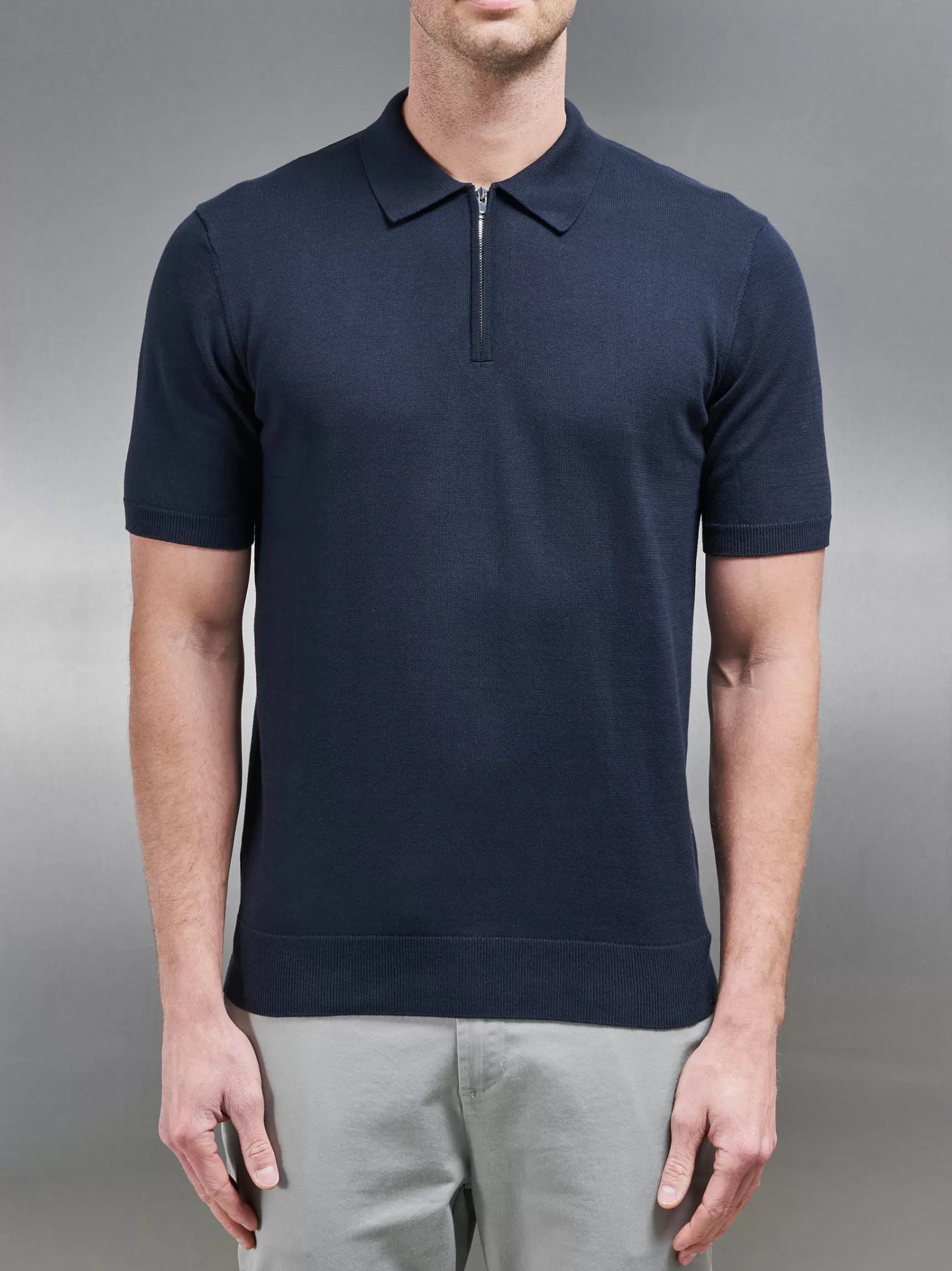 Store ARNE Cotton Knitted Zip Polo Shirt - Navy