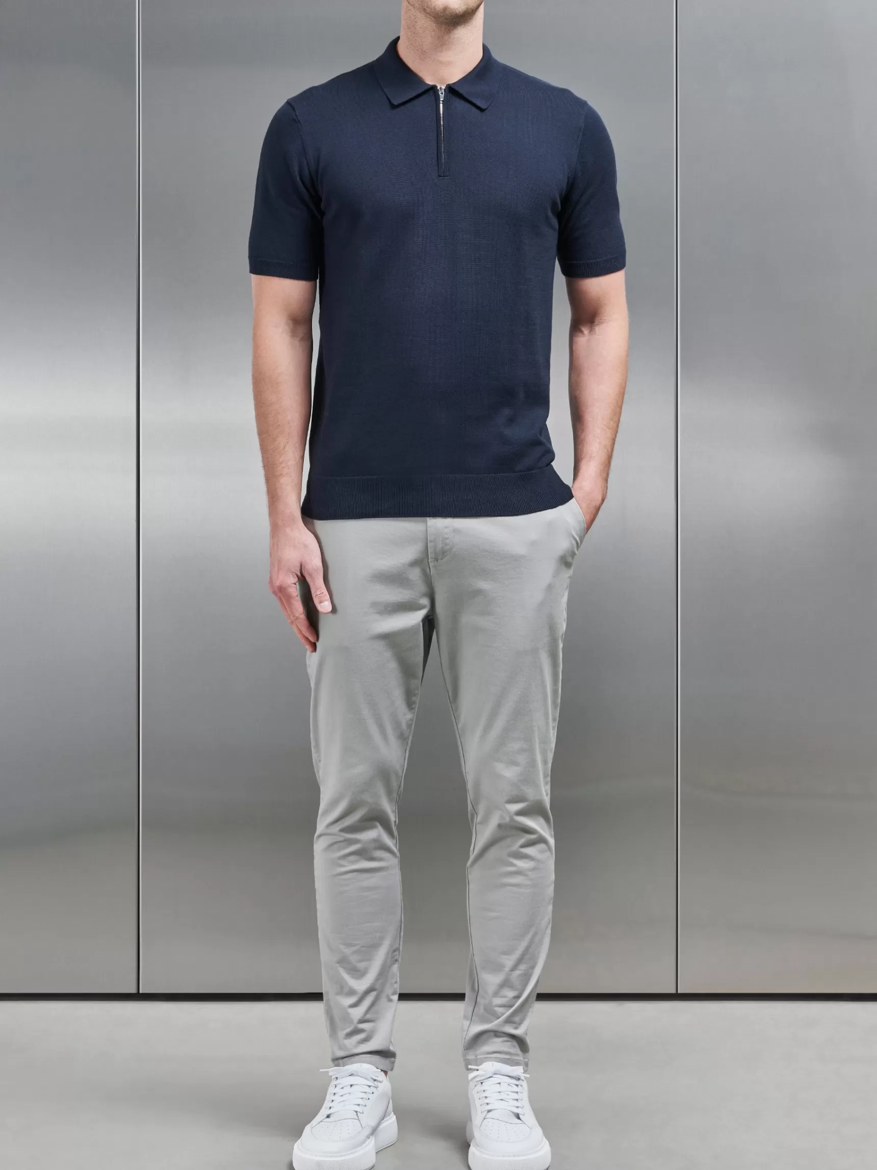 Store ARNE Cotton Knitted Zip Polo Shirt - Navy