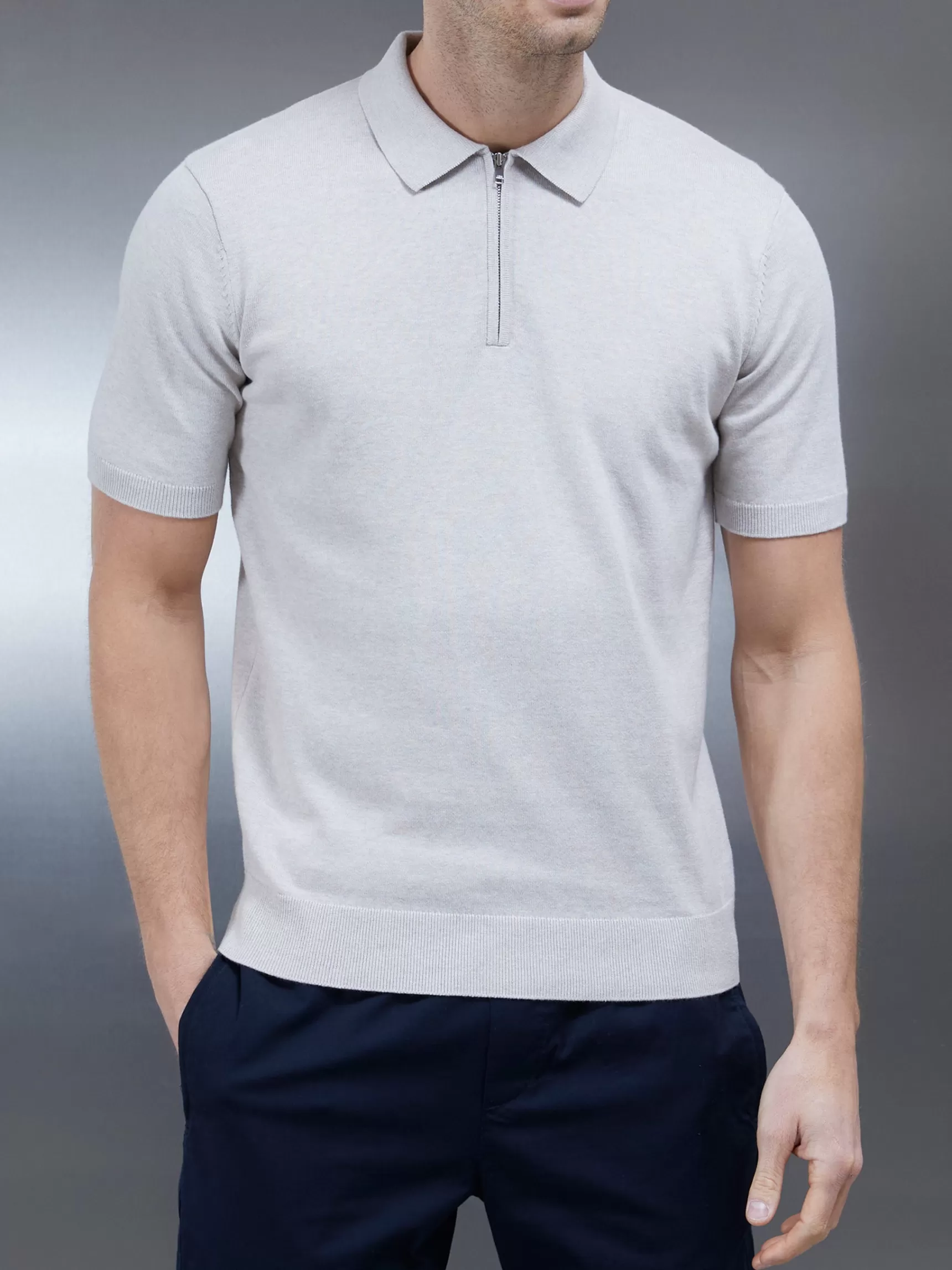 Hot ARNE Cotton Knitted Zip Polo Shirt - Oatmeal