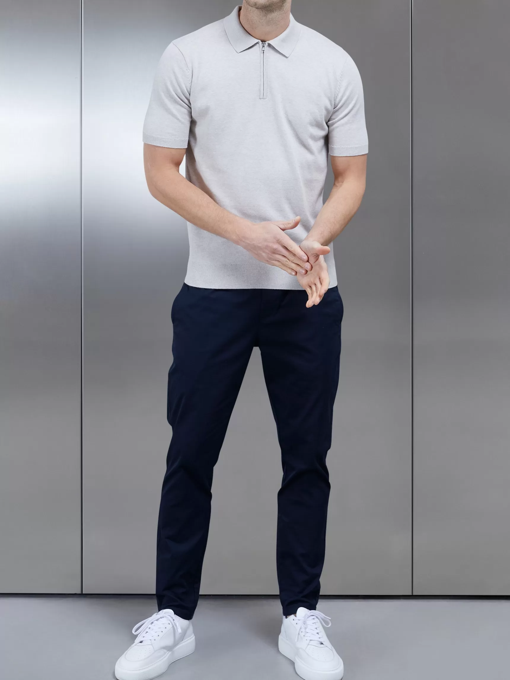 Hot ARNE Cotton Knitted Zip Polo Shirt - Oatmeal
