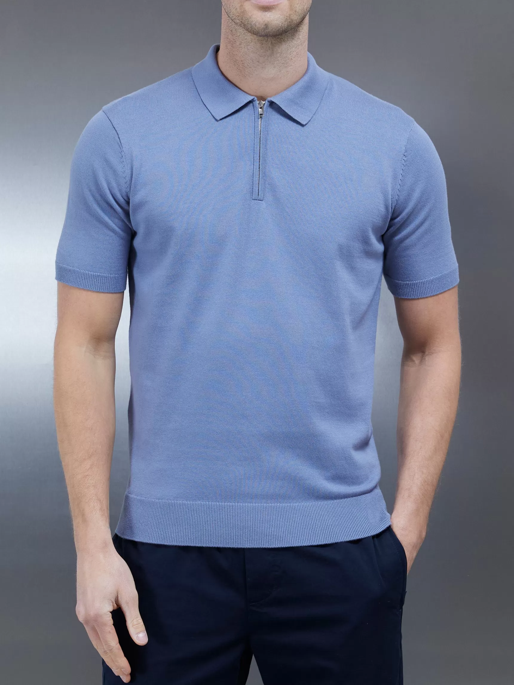 Best ARNE Cotton Knitted Zip Polo Shirt - Silk Blue SilkBlue