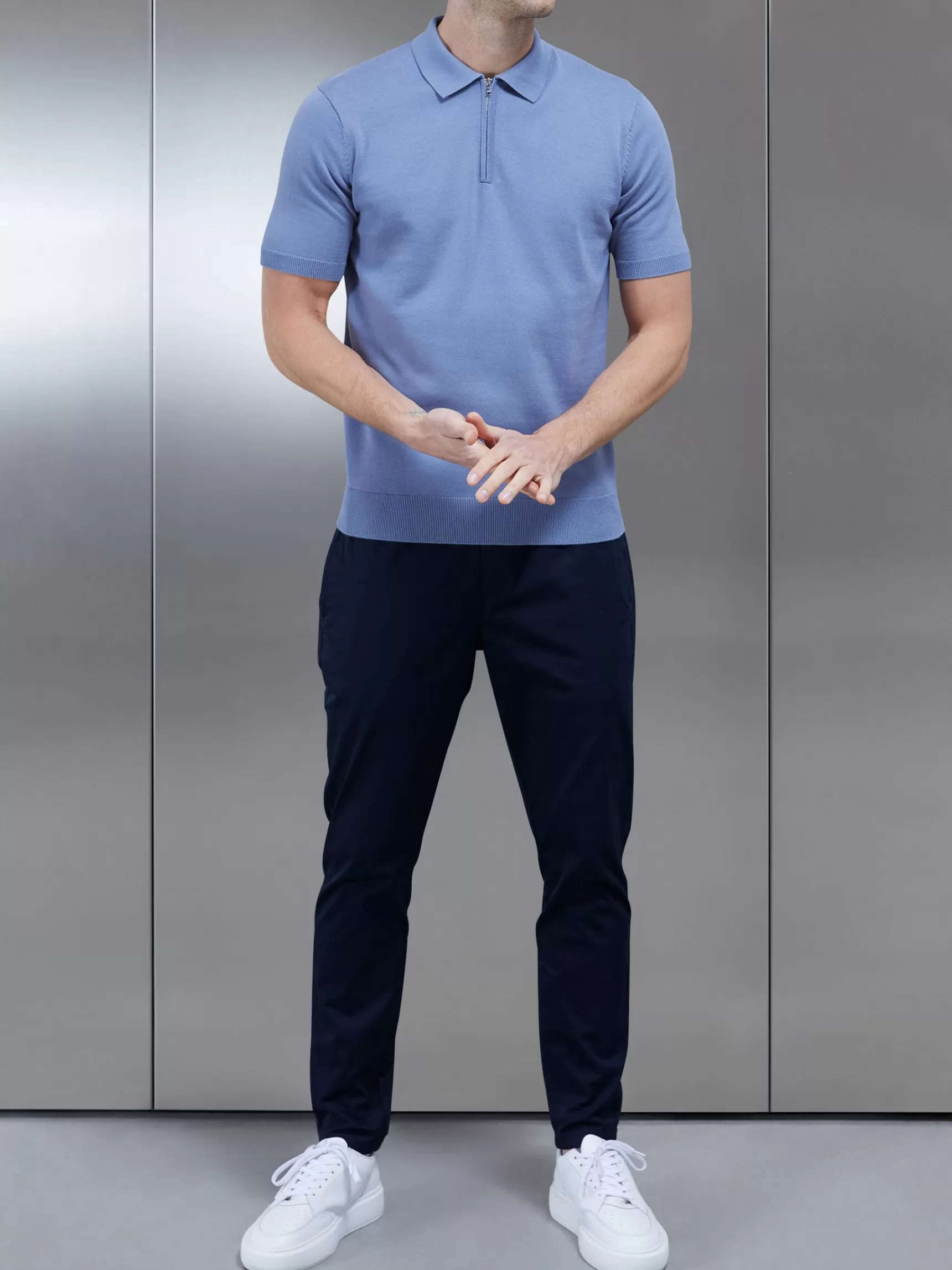 Best ARNE Cotton Knitted Zip Polo Shirt - Silk Blue SilkBlue