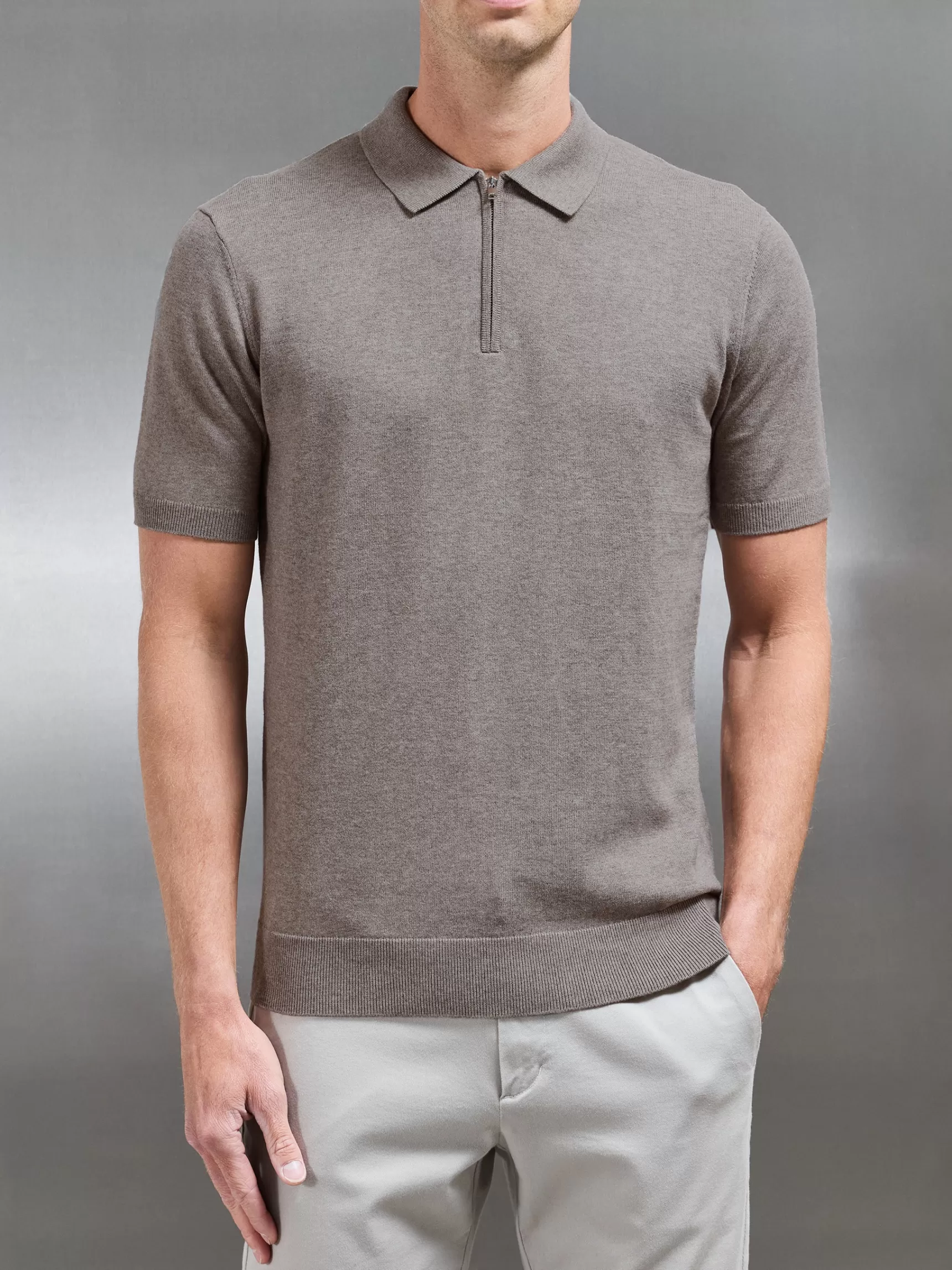 Cheap ARNE Cotton Knitted Zip Polo Shirt - Taupe