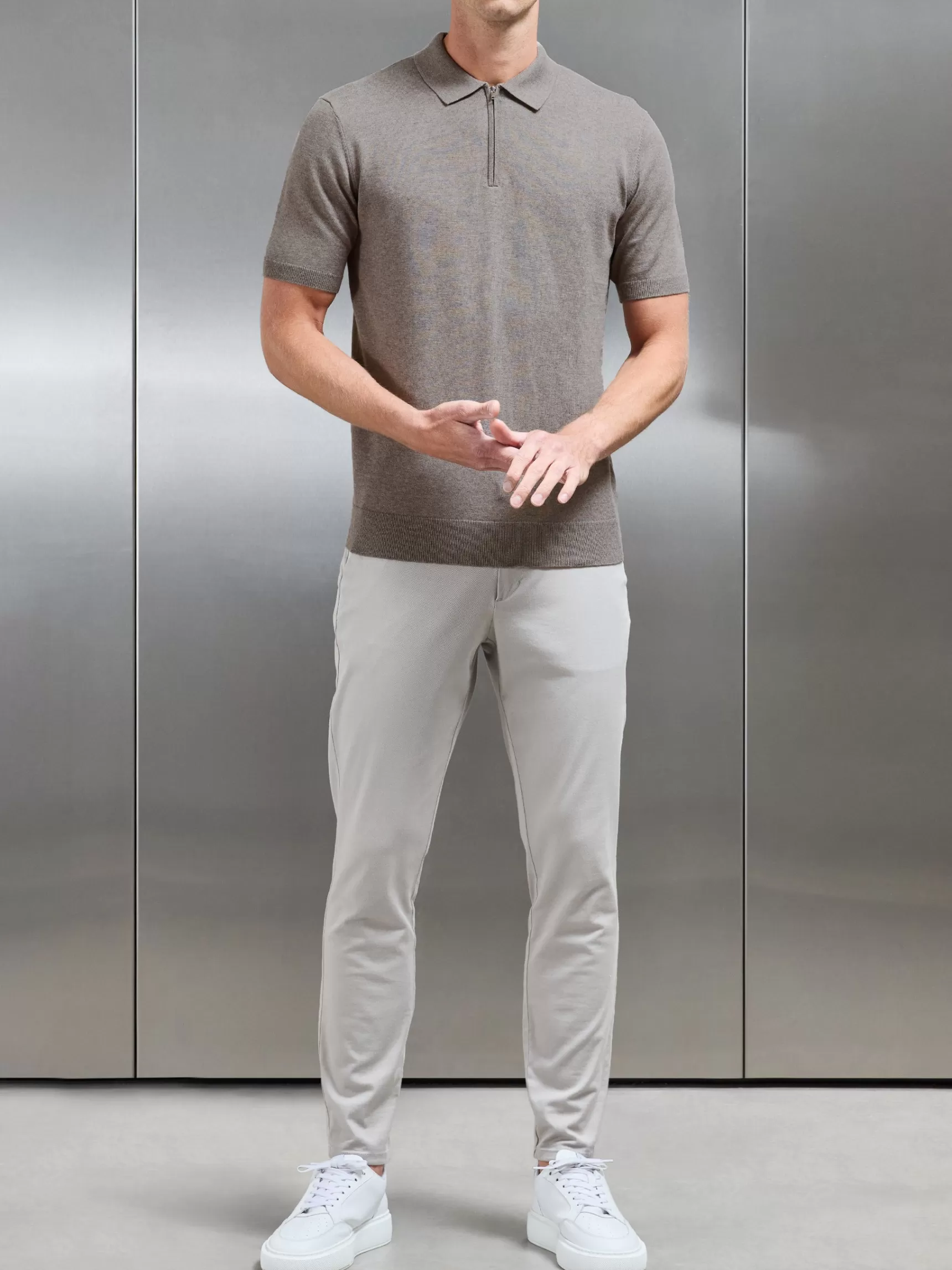 Cheap ARNE Cotton Knitted Zip Polo Shirt - Taupe