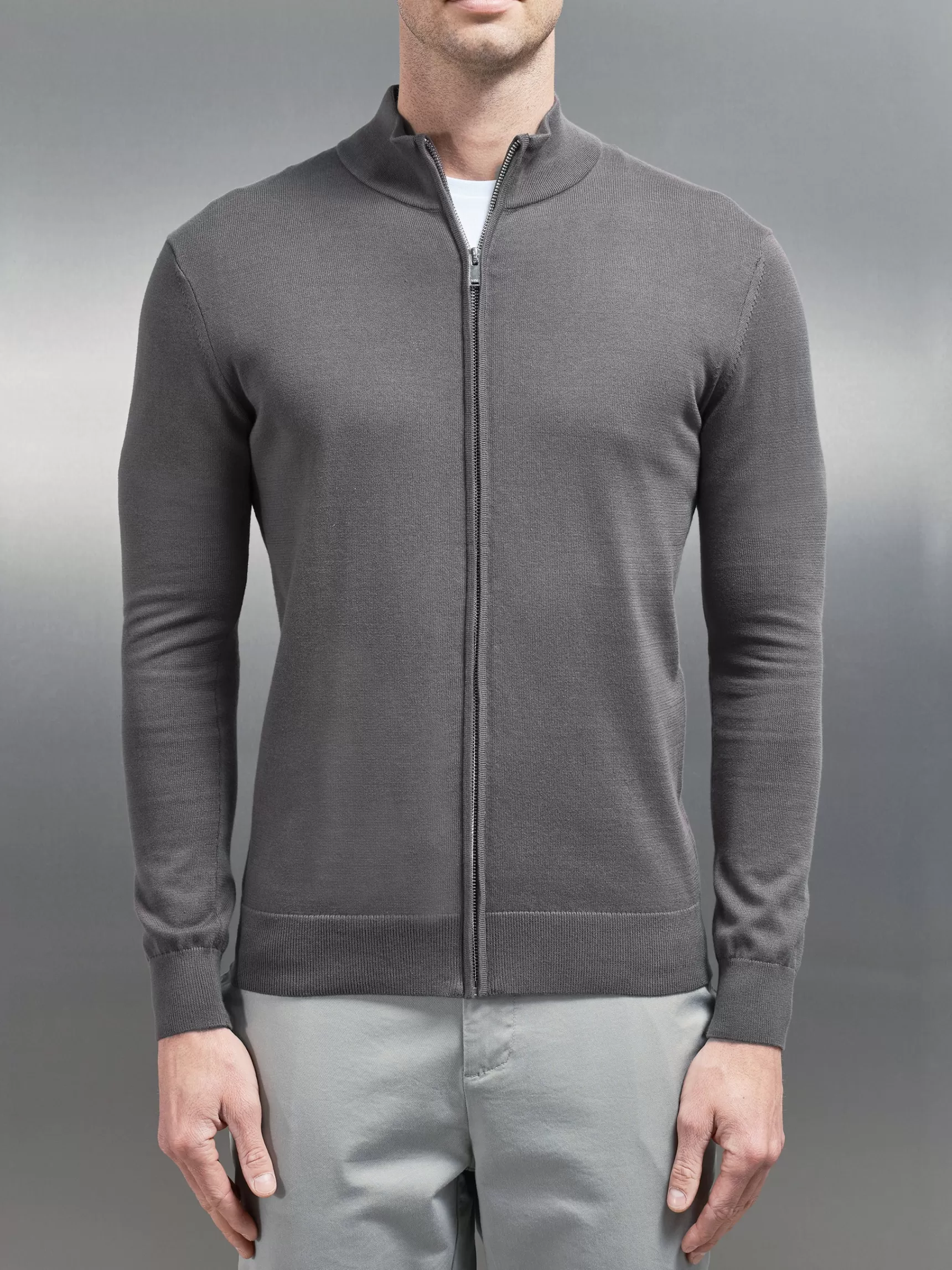 New ARNE Cotton Knitted Zip Through Jacket - Grey