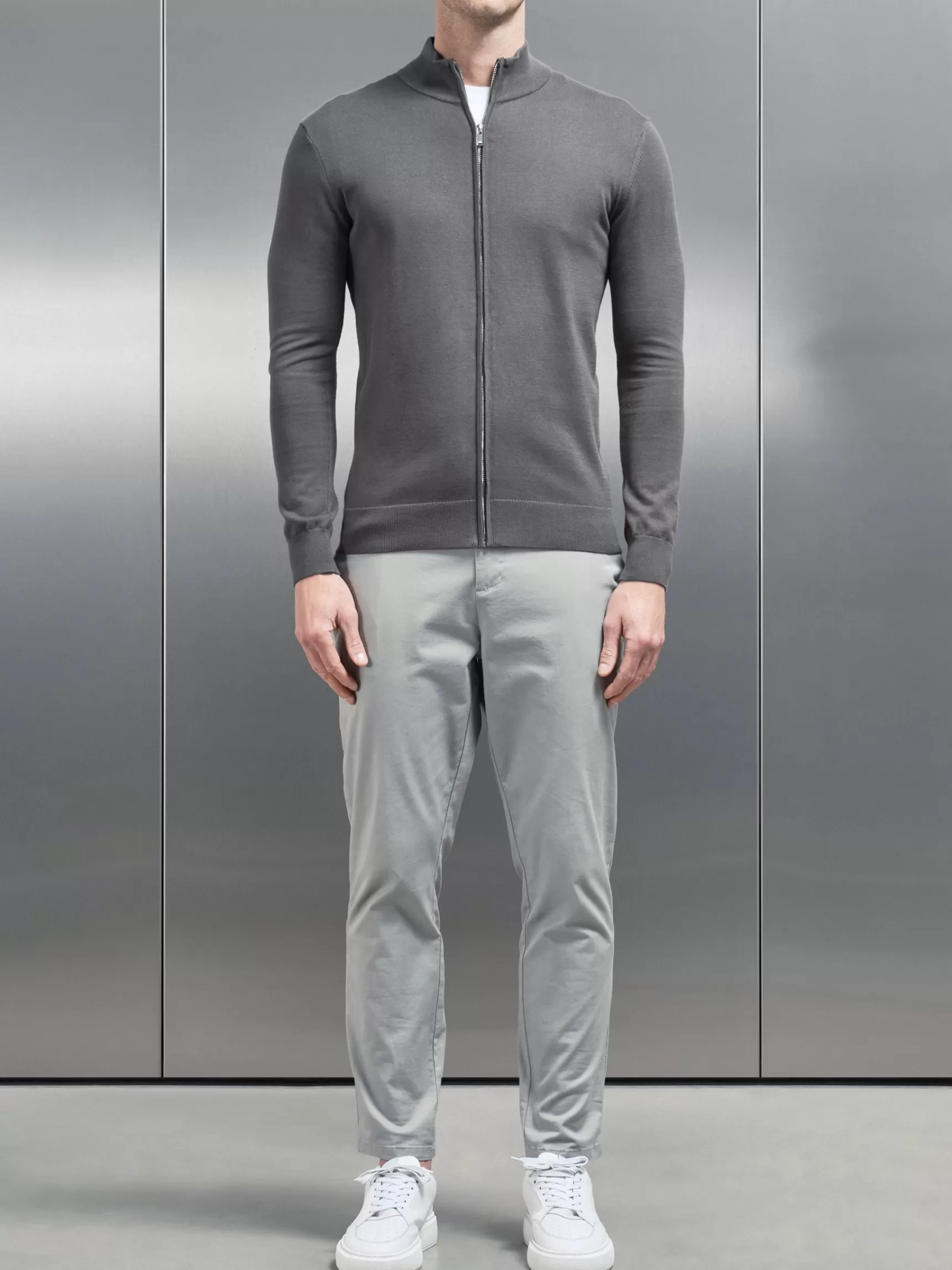 New ARNE Cotton Knitted Zip Through Jacket - Grey