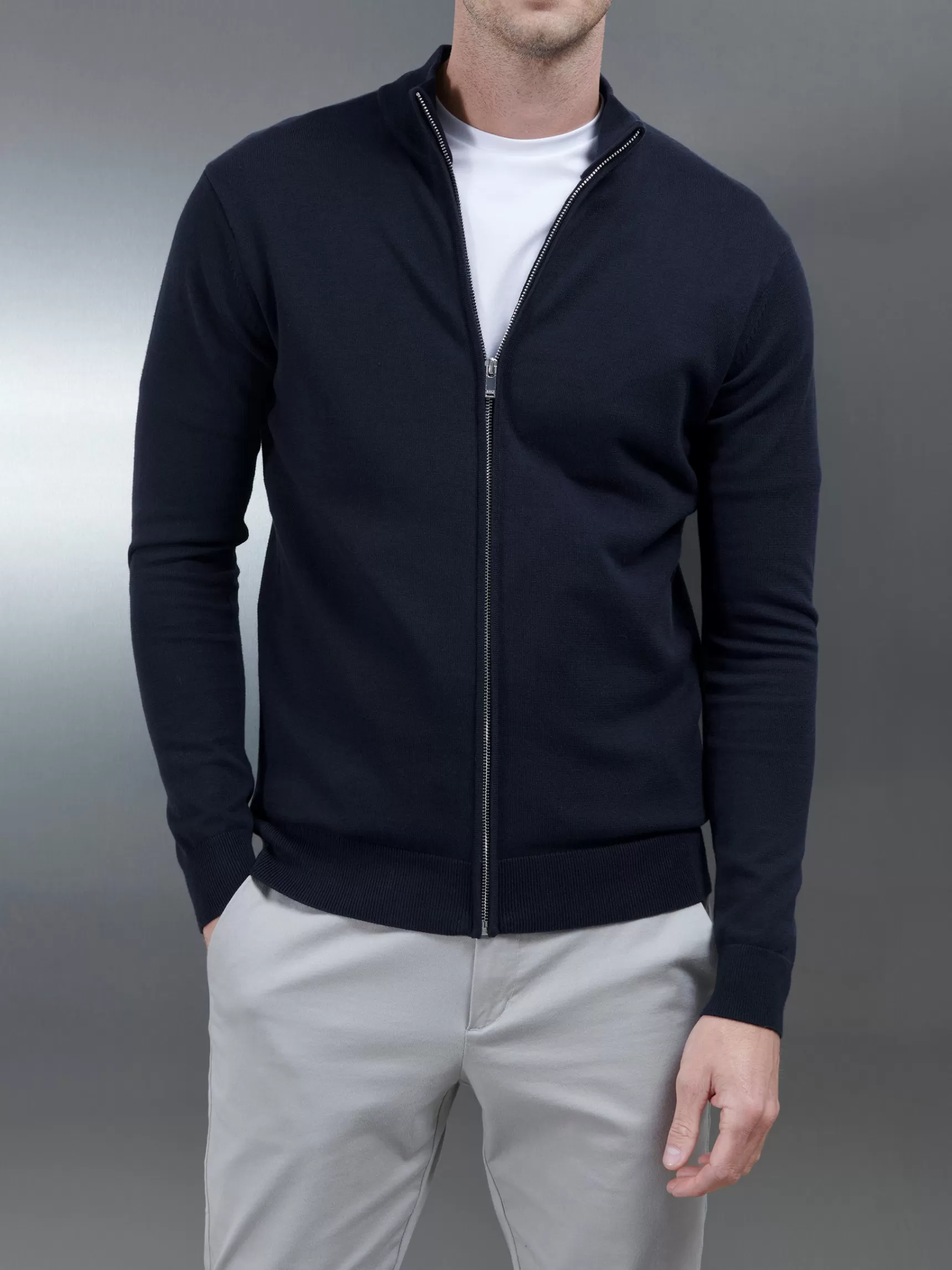 Best Sale ARNE Cotton Knitted Zip Through Jacket - Navy