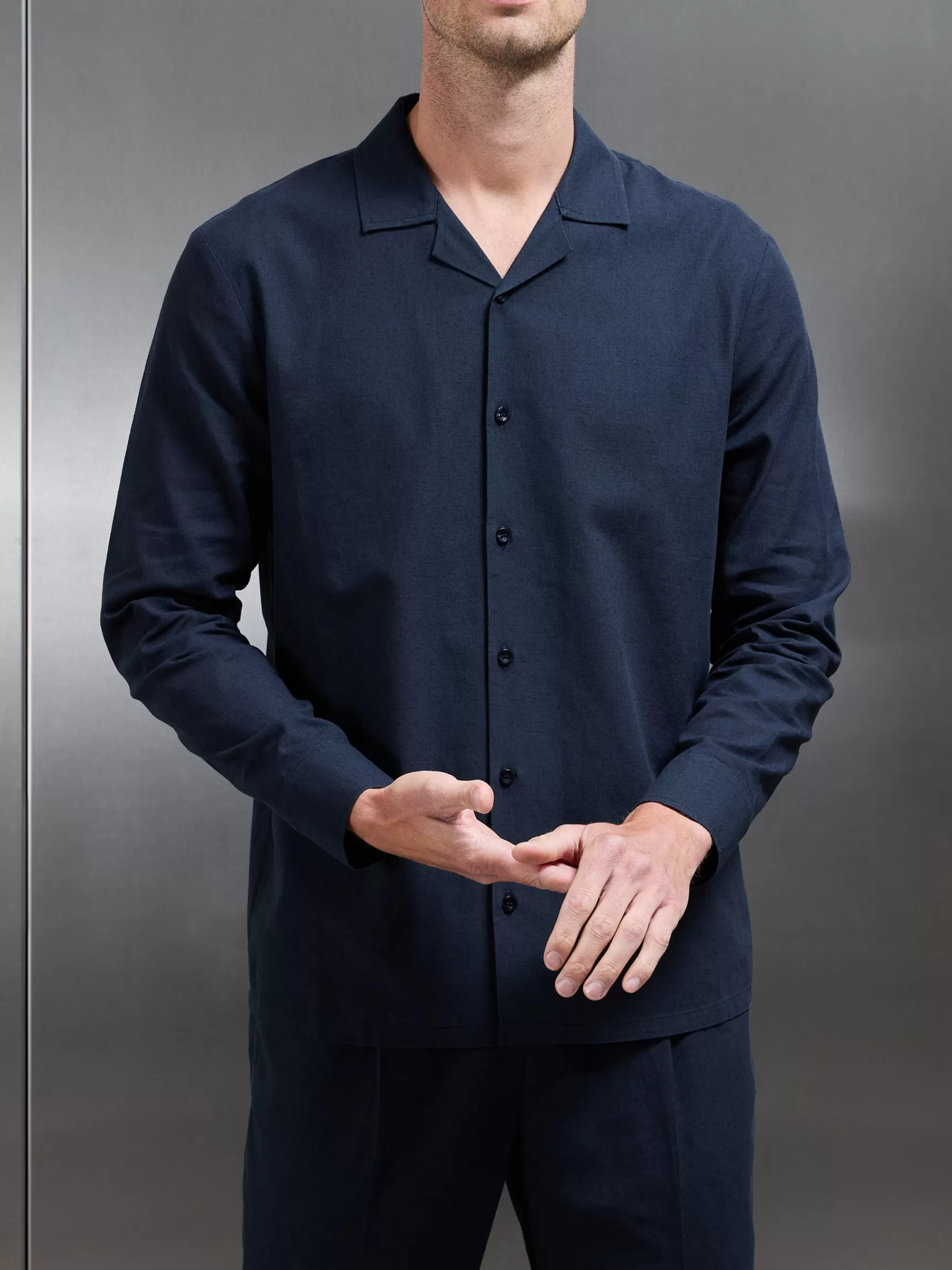 Discount ARNE Cotton Linen Revere Collar Long Sleeve Shirt - Navy