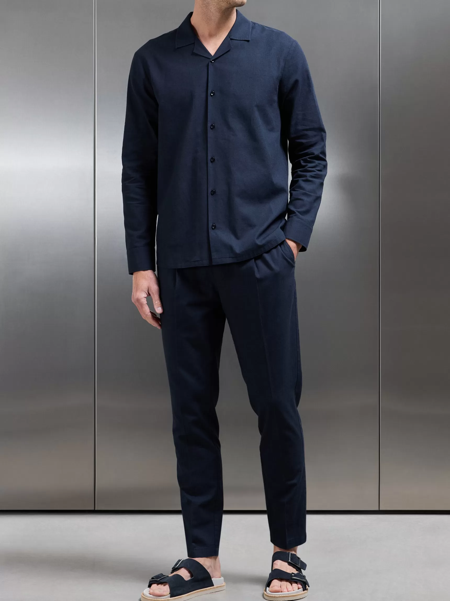 Discount ARNE Cotton Linen Revere Collar Long Sleeve Shirt - Navy