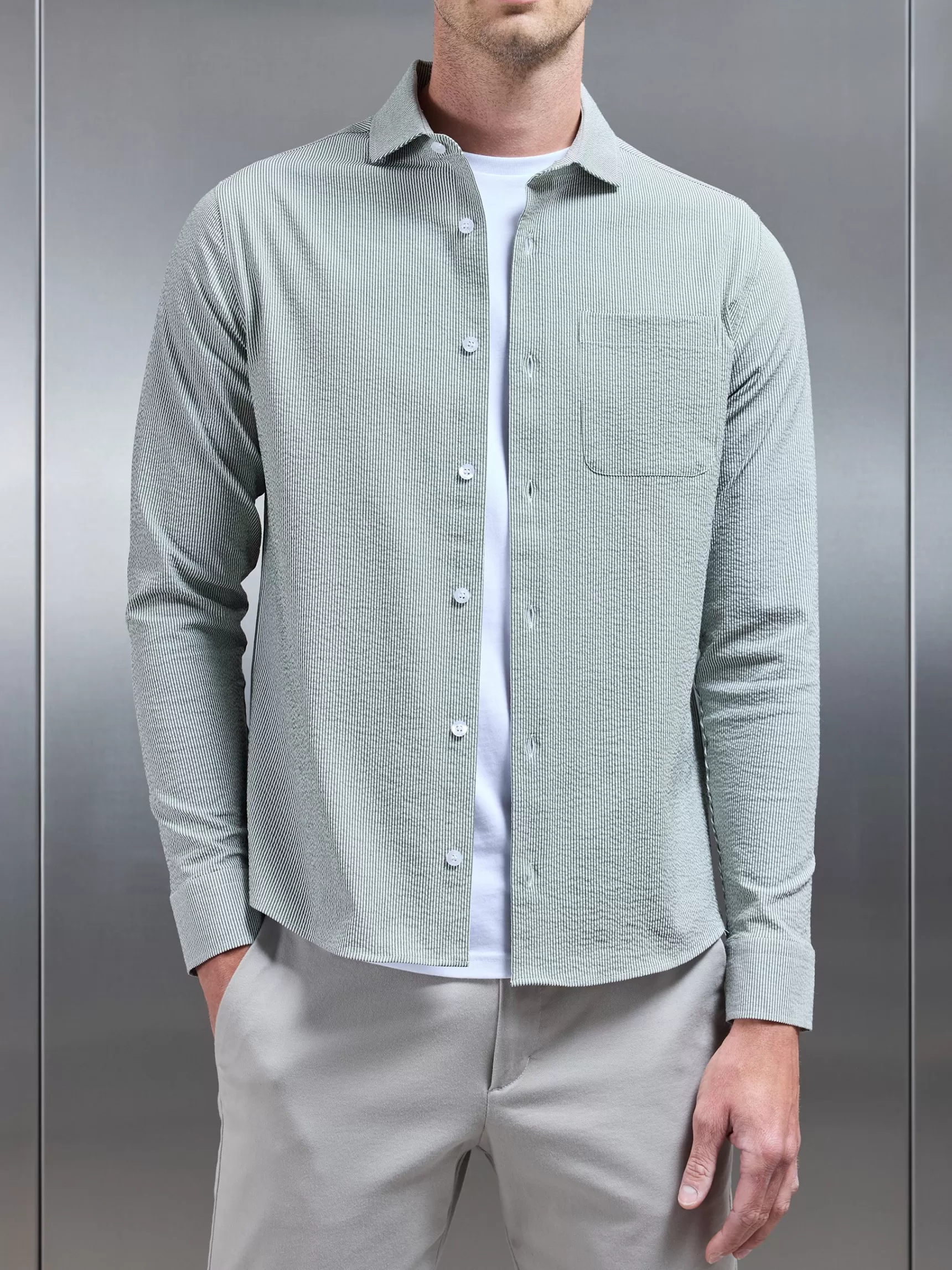 Fashion ARNE Fine Stripe Long Sleeve Cutaway Collar Shirt - Sage