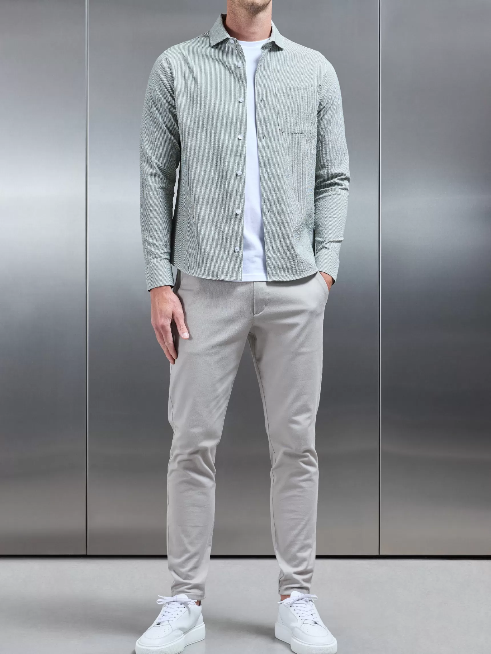 Fashion ARNE Fine Stripe Long Sleeve Cutaway Collar Shirt - Sage