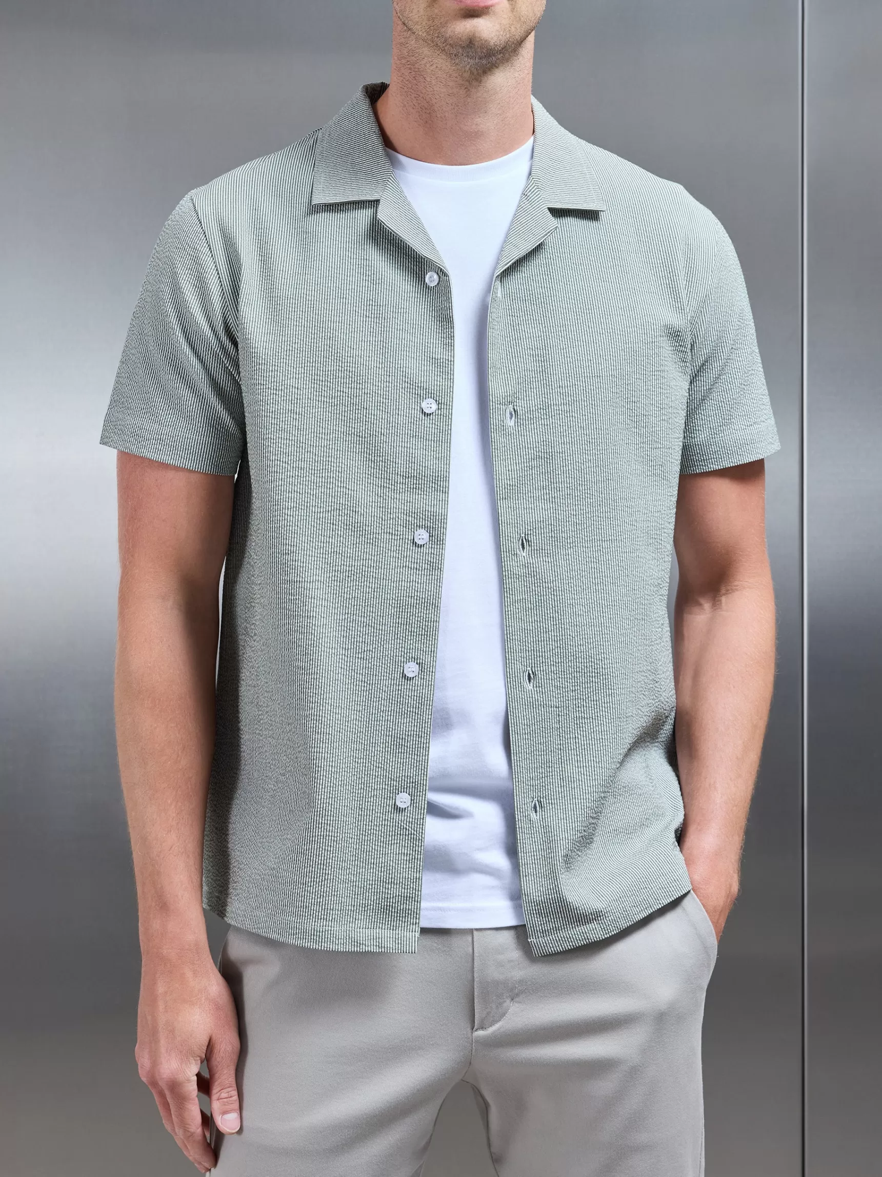 Flash Sale ARNE Fine Stripe Short Sleeve Revere Collar Shirt - Sage