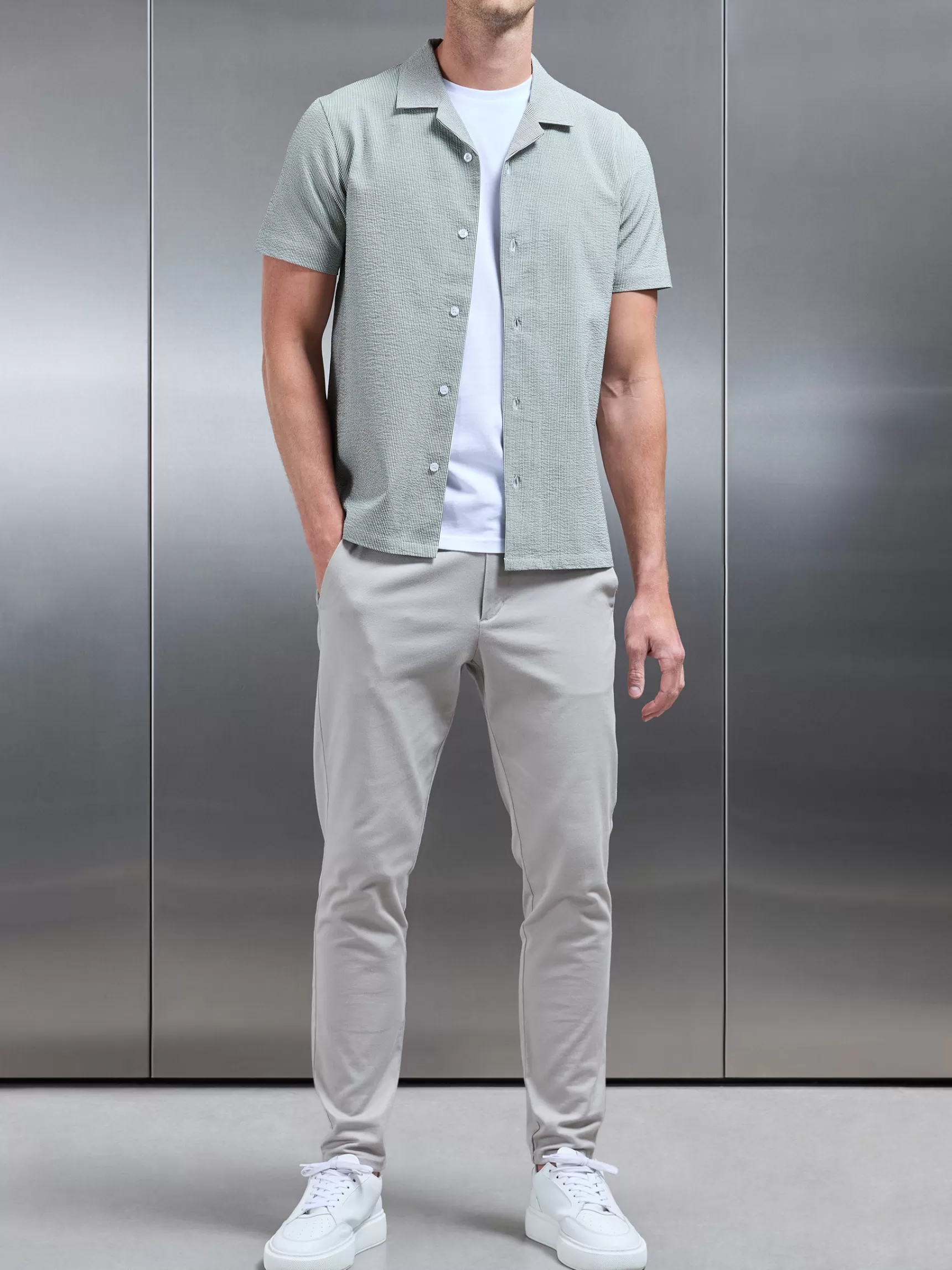 Flash Sale ARNE Fine Stripe Short Sleeve Revere Collar Shirt - Sage