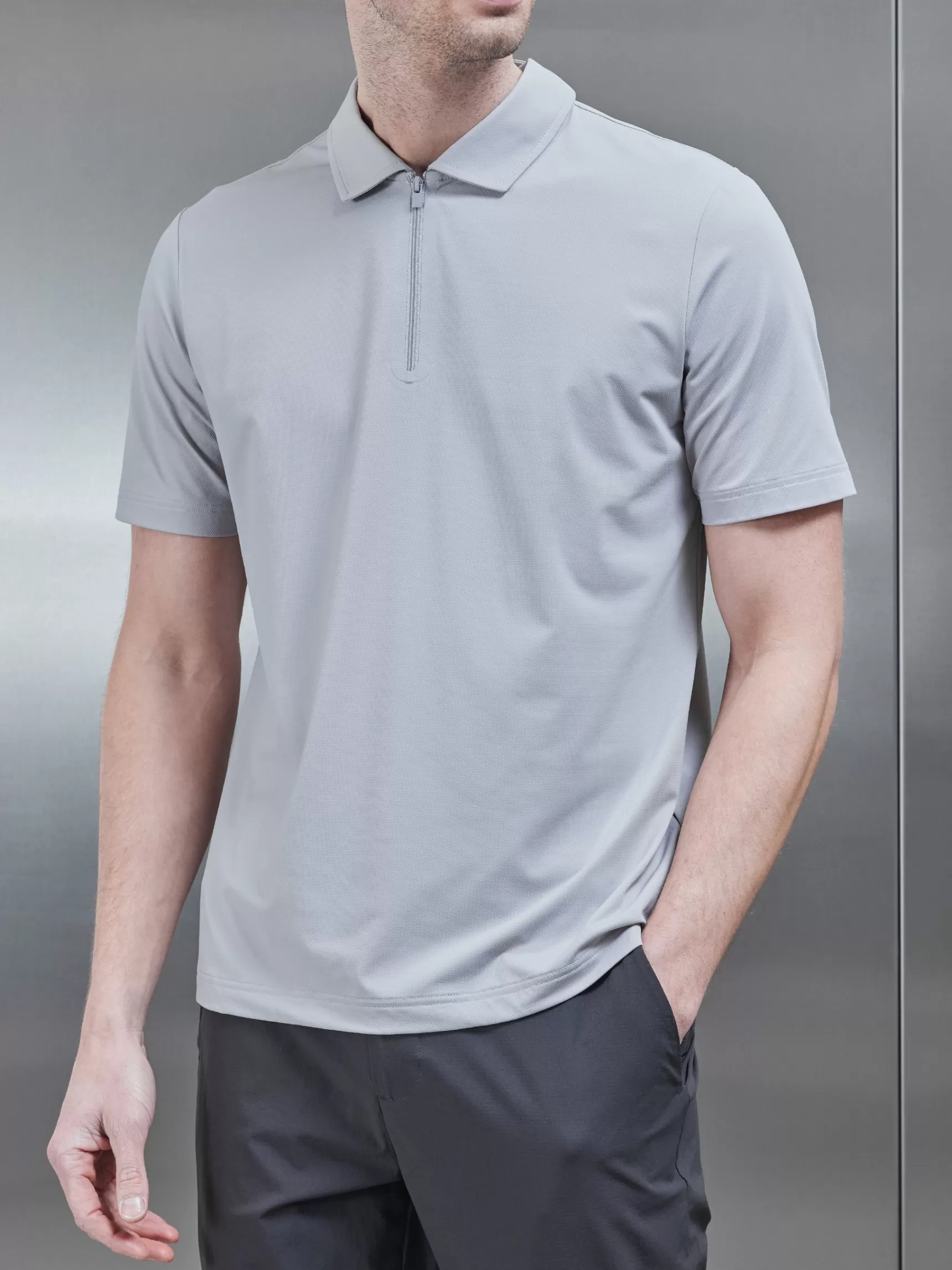 Store ARNE Golf Technical Zip Polo Shirt - Mid Grey MidGrey