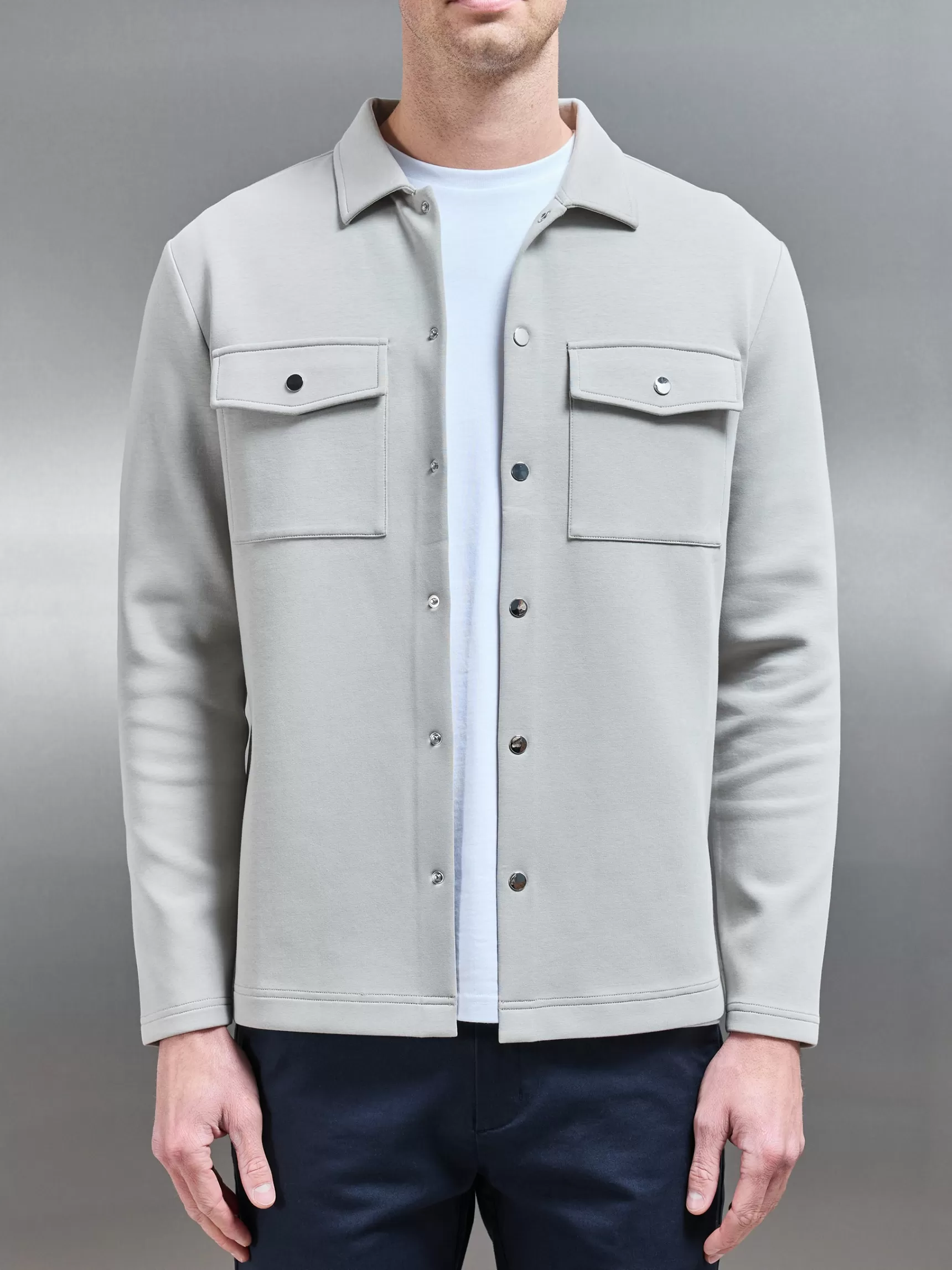Shop ARNE Interlock Jersey Pocket Popper Overshirt - Stone