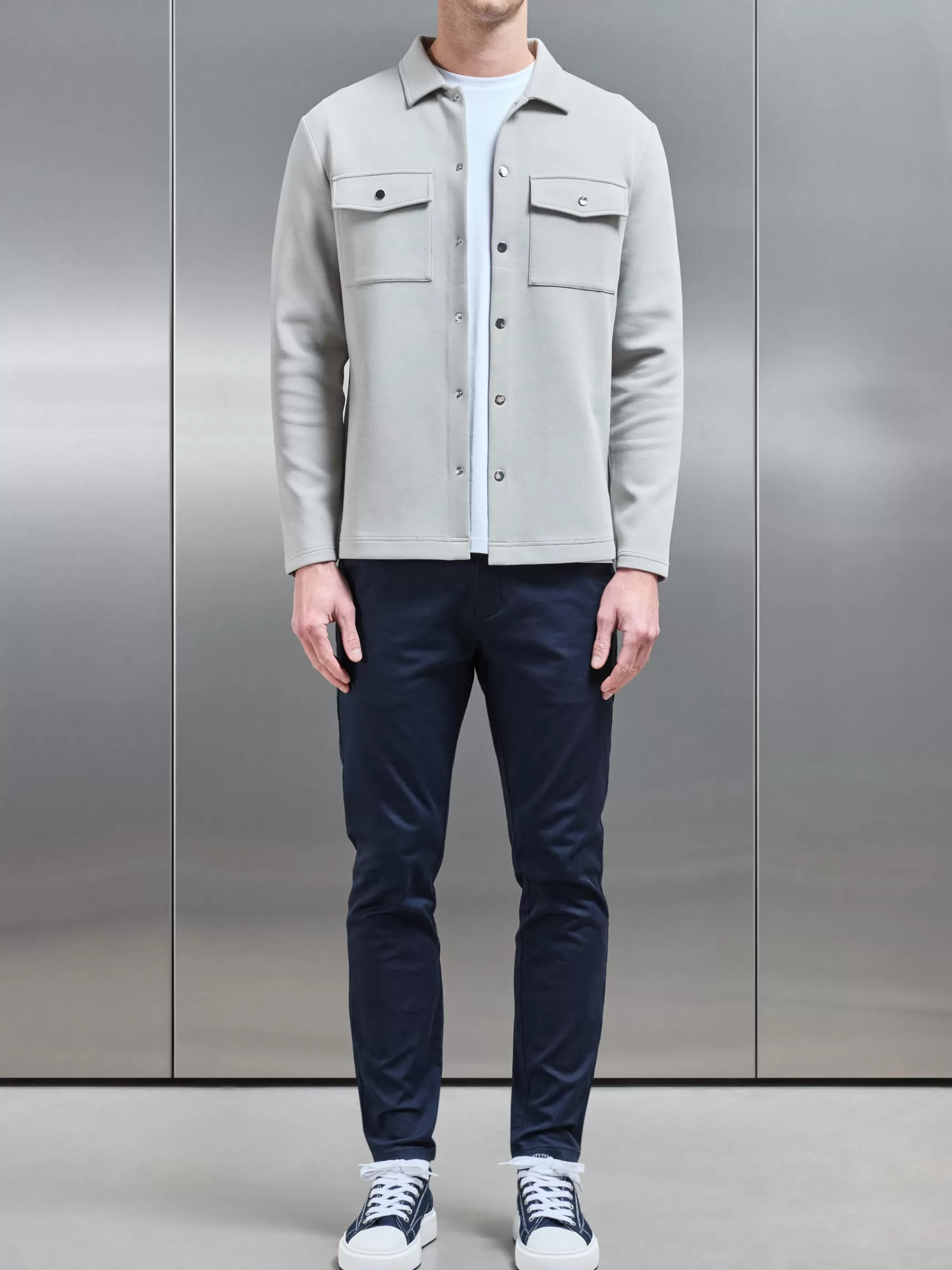 Shop ARNE Interlock Jersey Pocket Popper Overshirt - Stone
