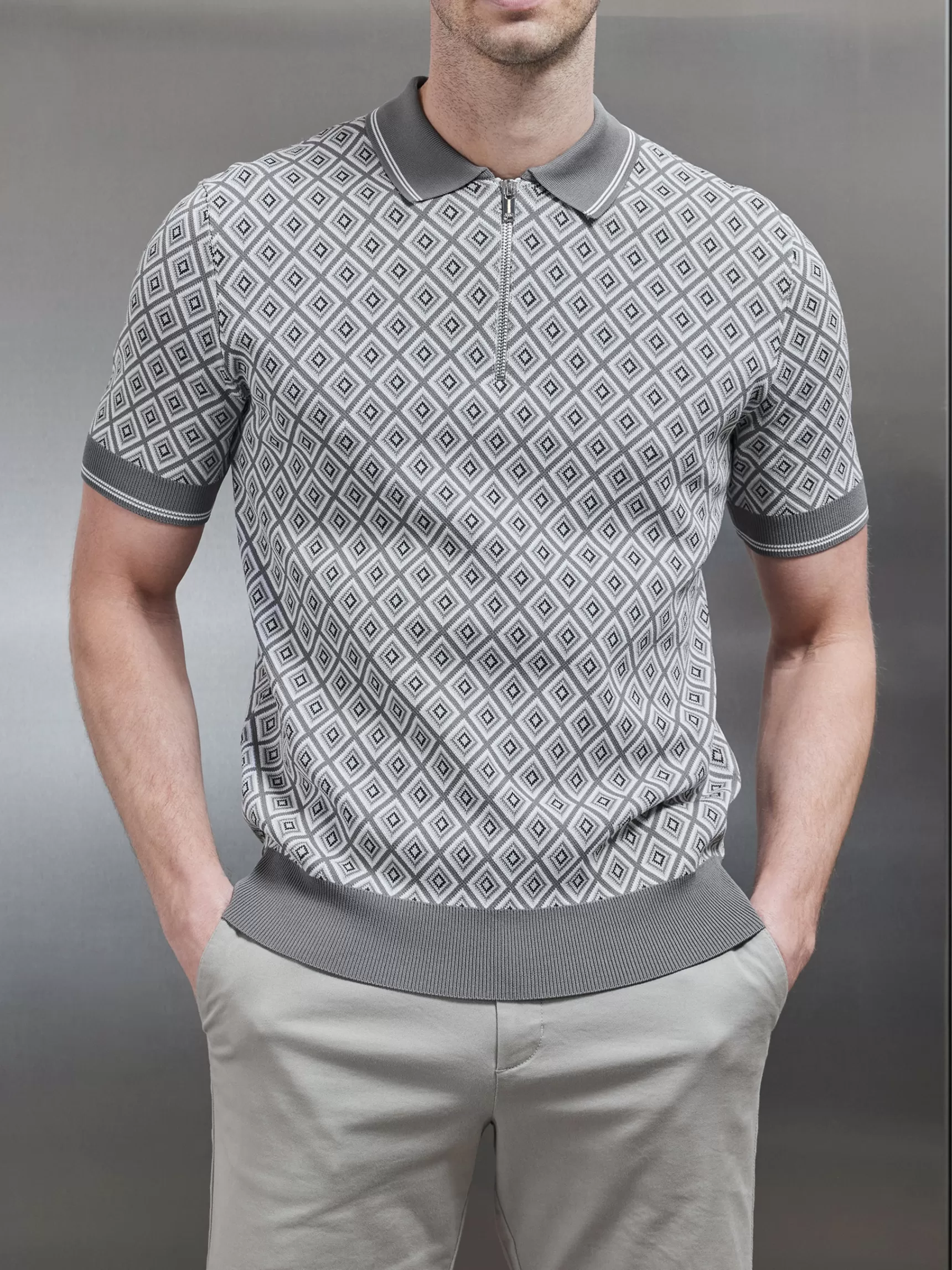 Best Sale ARNE Jacquard Knitted Zip Polo Shirt - Grey