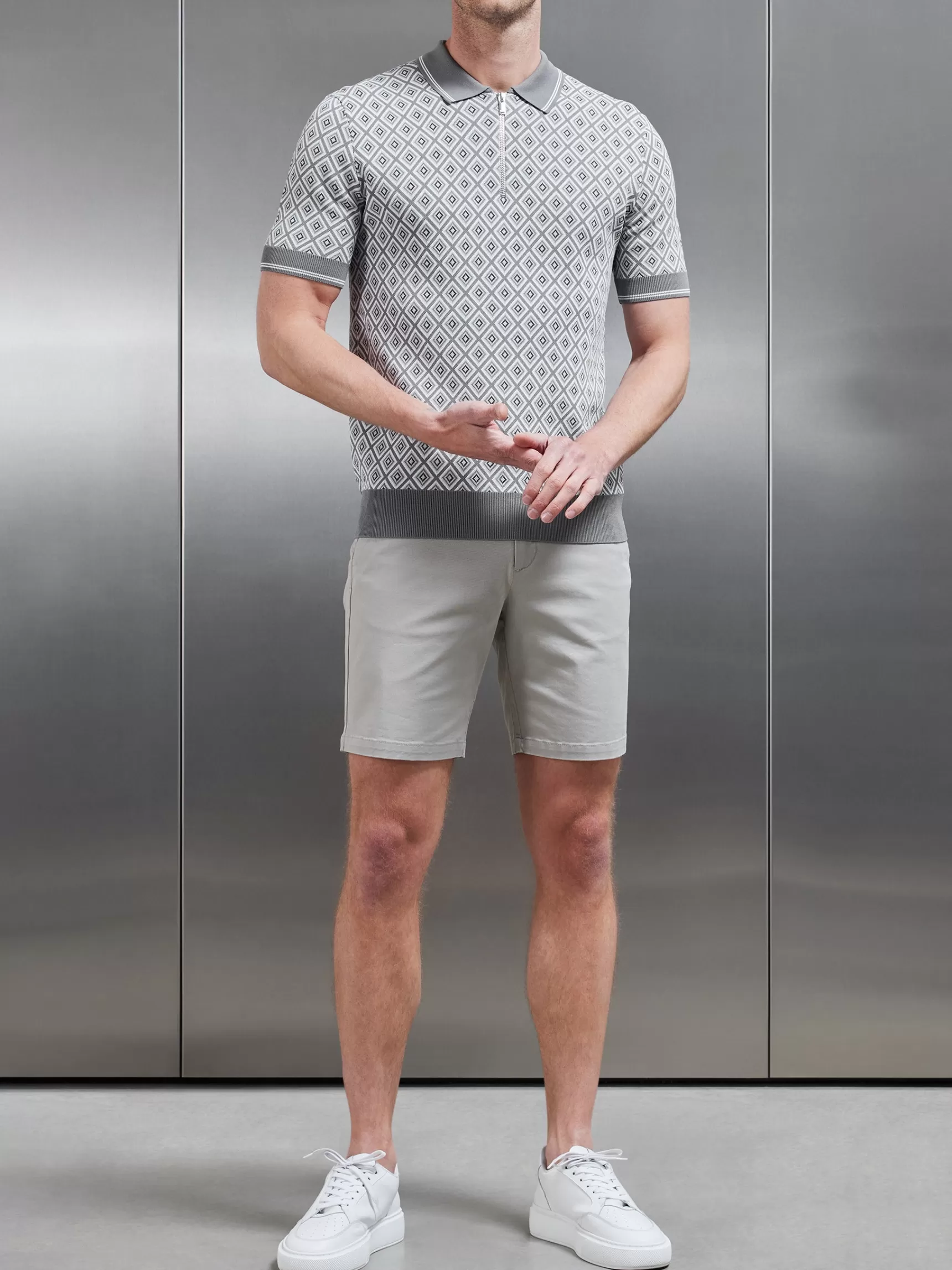 Best Sale ARNE Jacquard Knitted Zip Polo Shirt - Grey