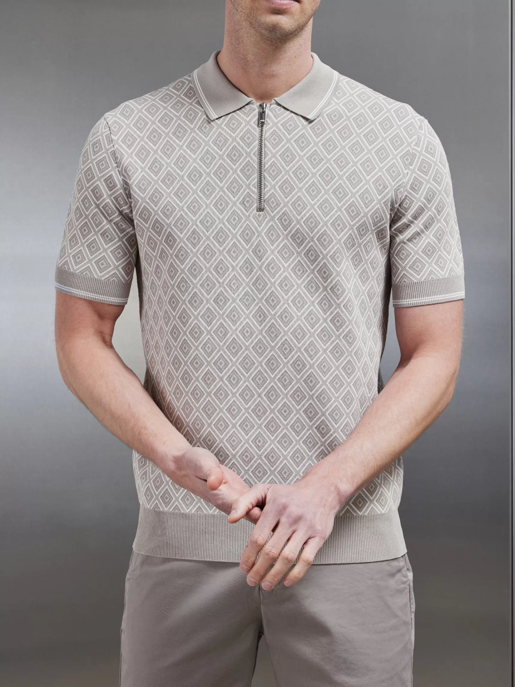 Shop ARNE Jacquard Knitted Zip Polo Shirt - Stone
