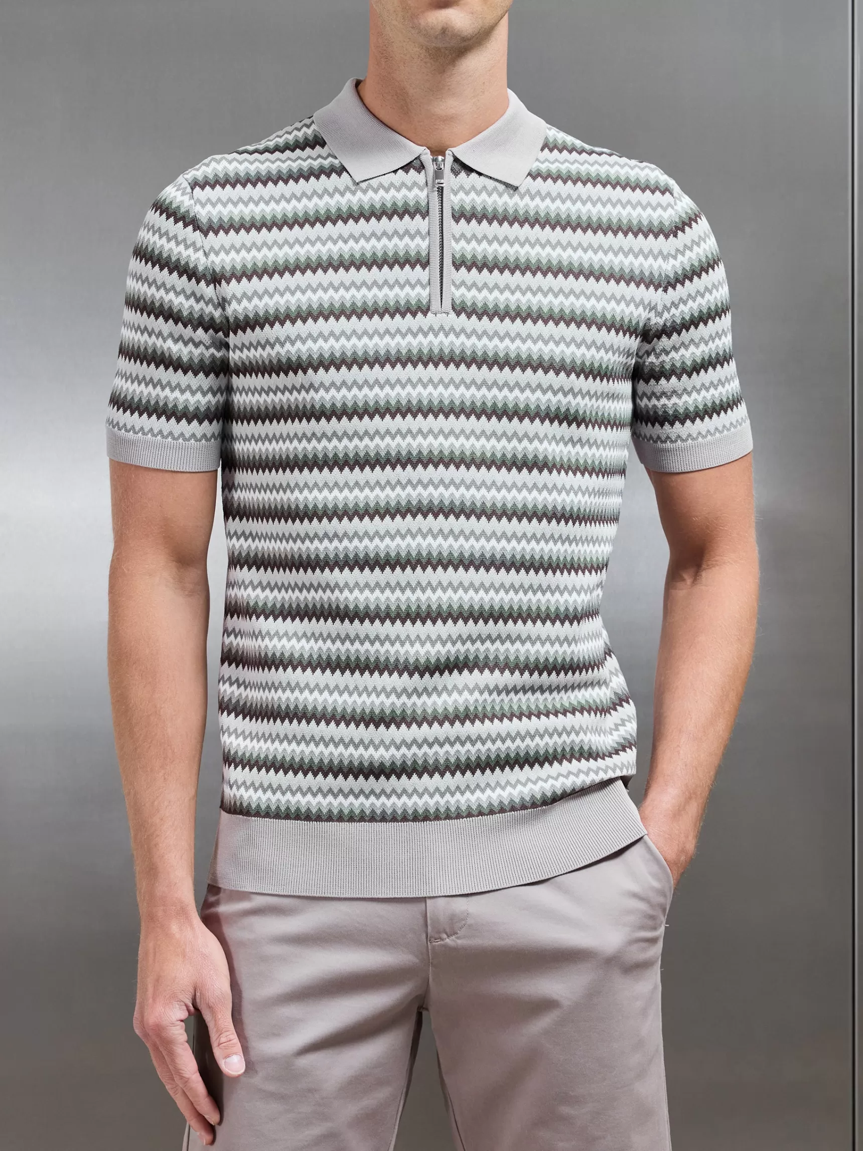 New ARNE Jacquard Zig Zag Knitted Zip Polo Shirt - Taupe