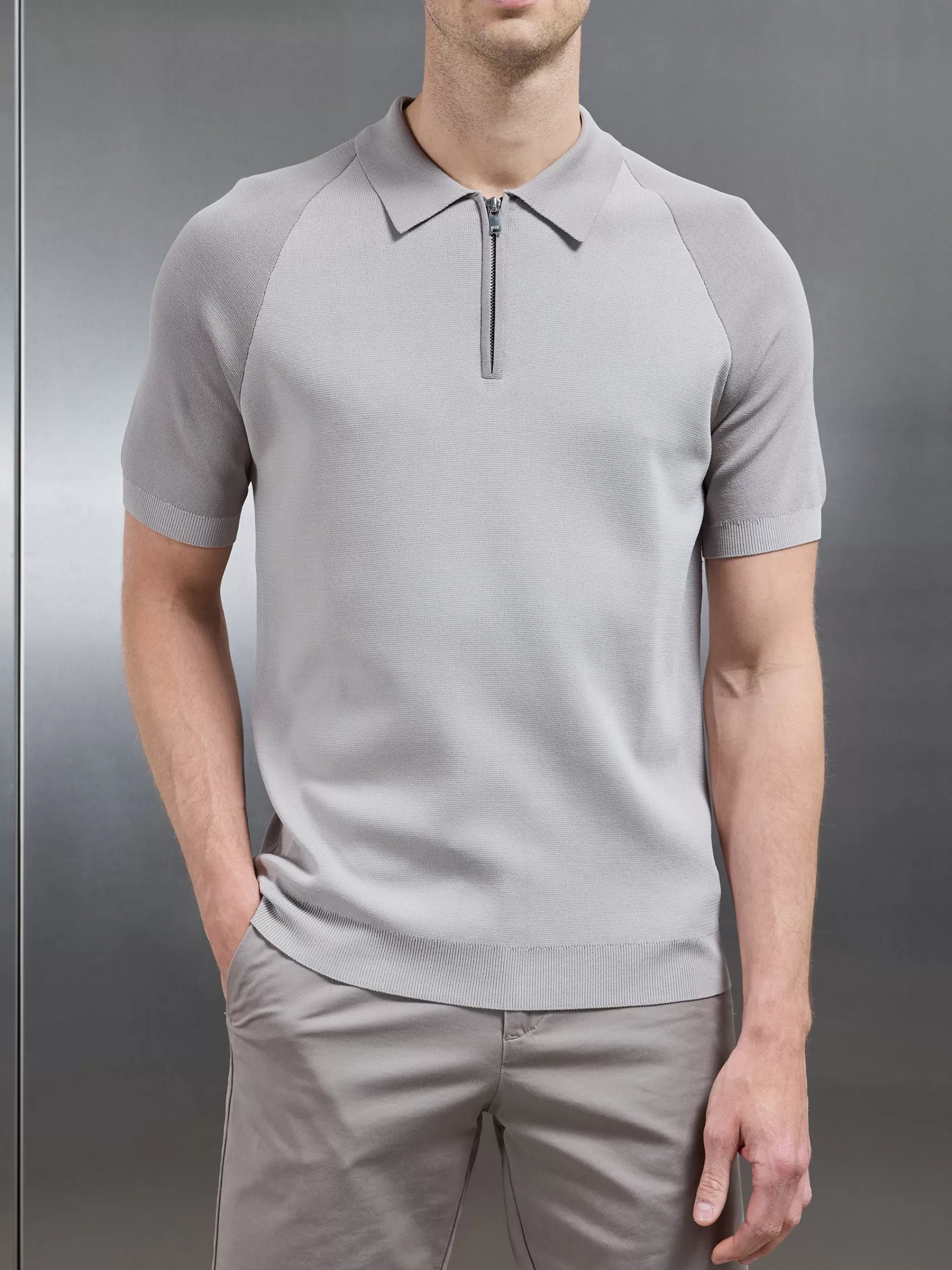 Best ARNE Knitted Raglan Colour Block Zip Polo - Stone