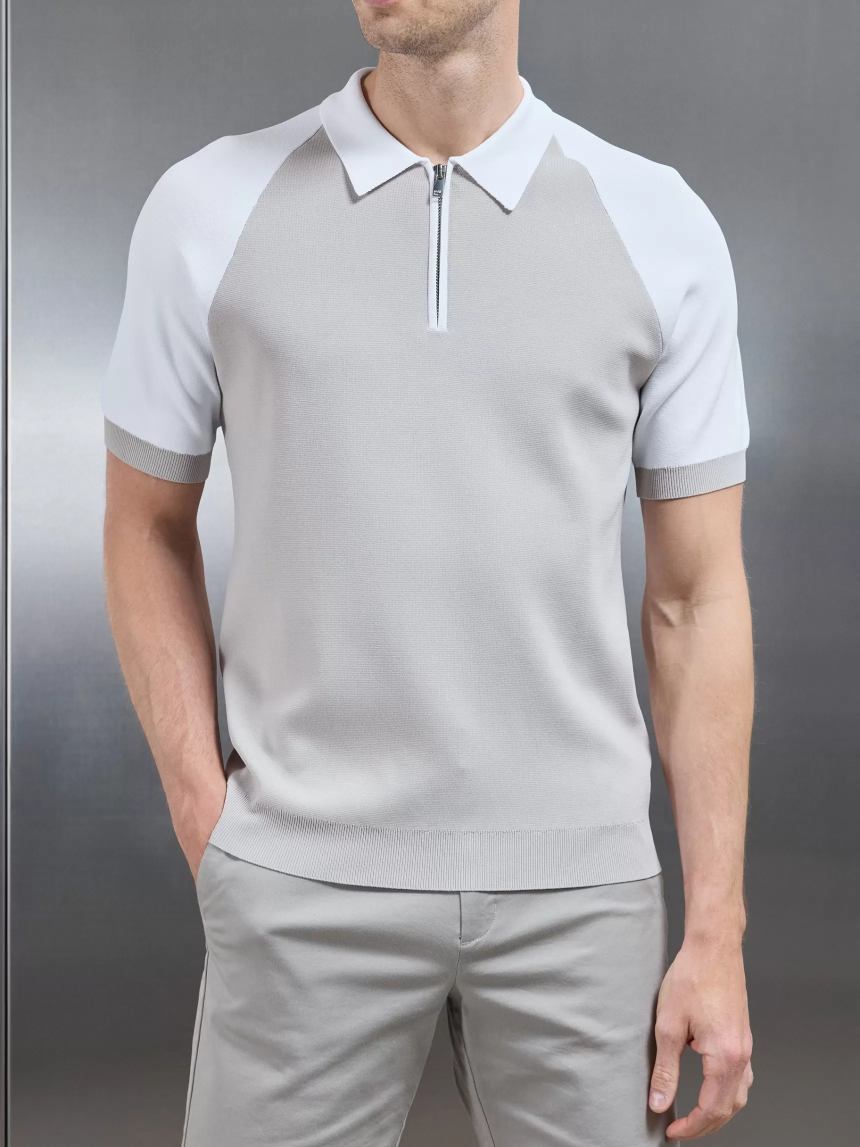 Best Sale ARNE Knitted Raglan Colour Block Zip Polo - White Mid Grey MidGreyWhite