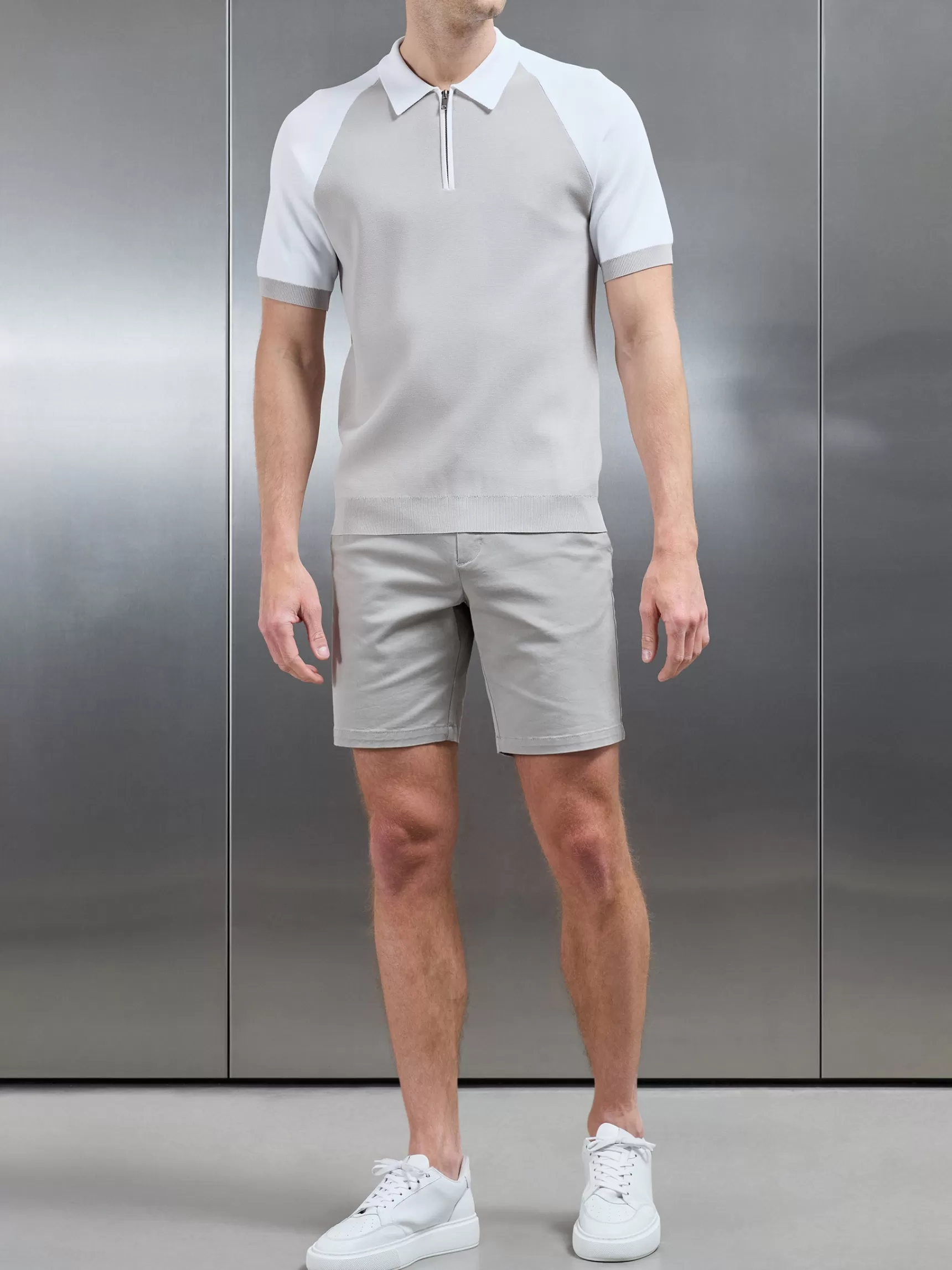 Best Sale ARNE Knitted Raglan Colour Block Zip Polo - White Mid Grey MidGreyWhite