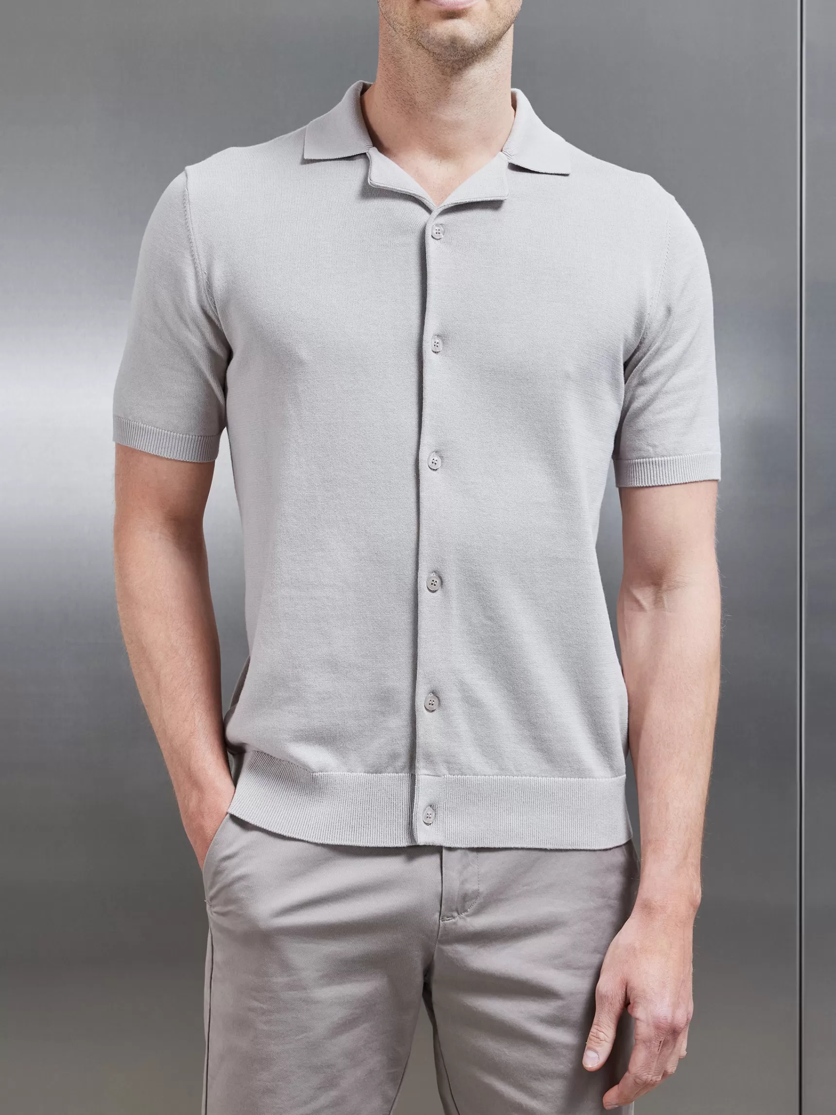 Sale ARNE Knitted Revere Collar Shirt - Stone