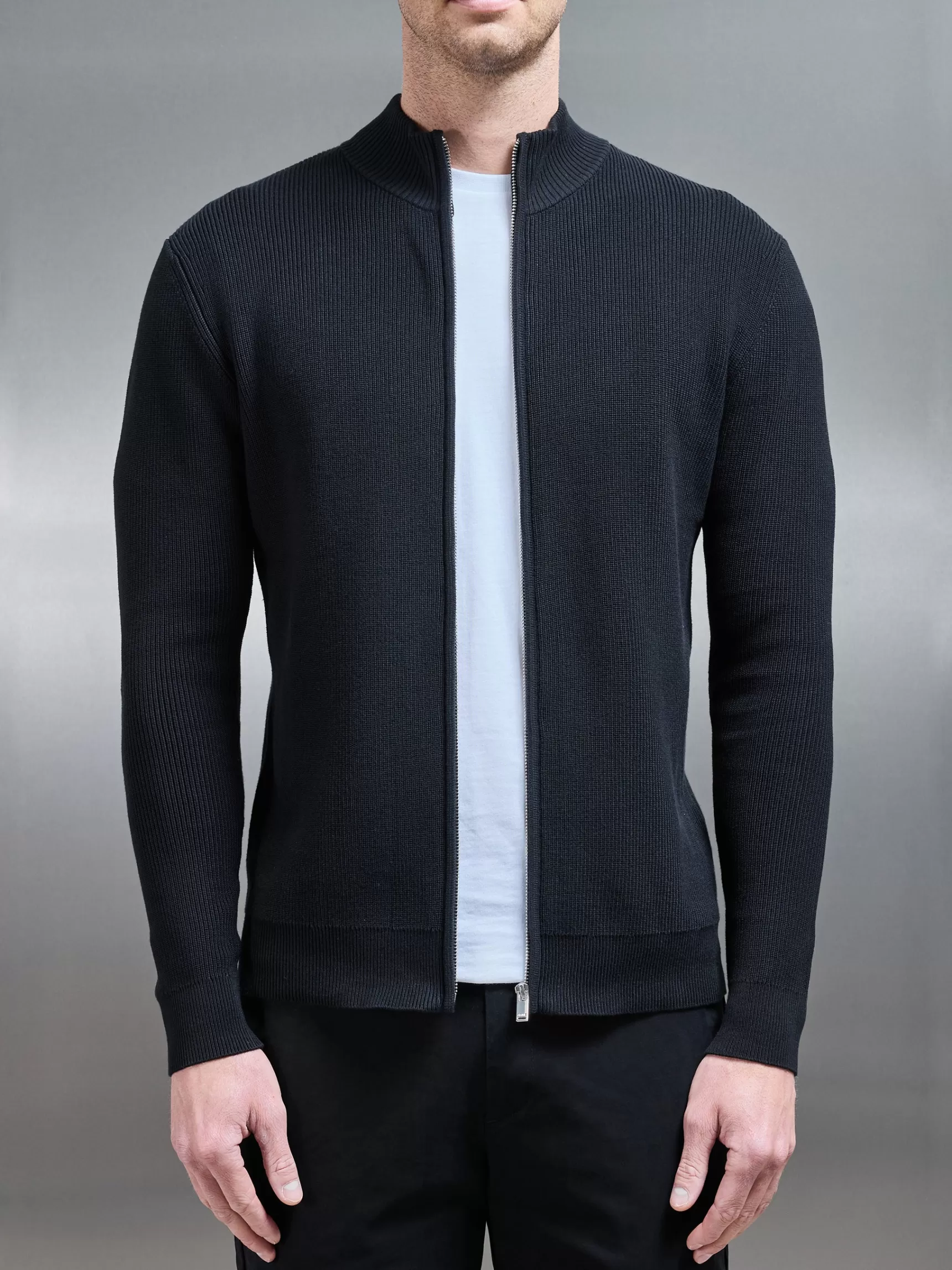 Best Sale ARNE Knitted Ribbed Funnel Neck Zip Through Jacket - Black