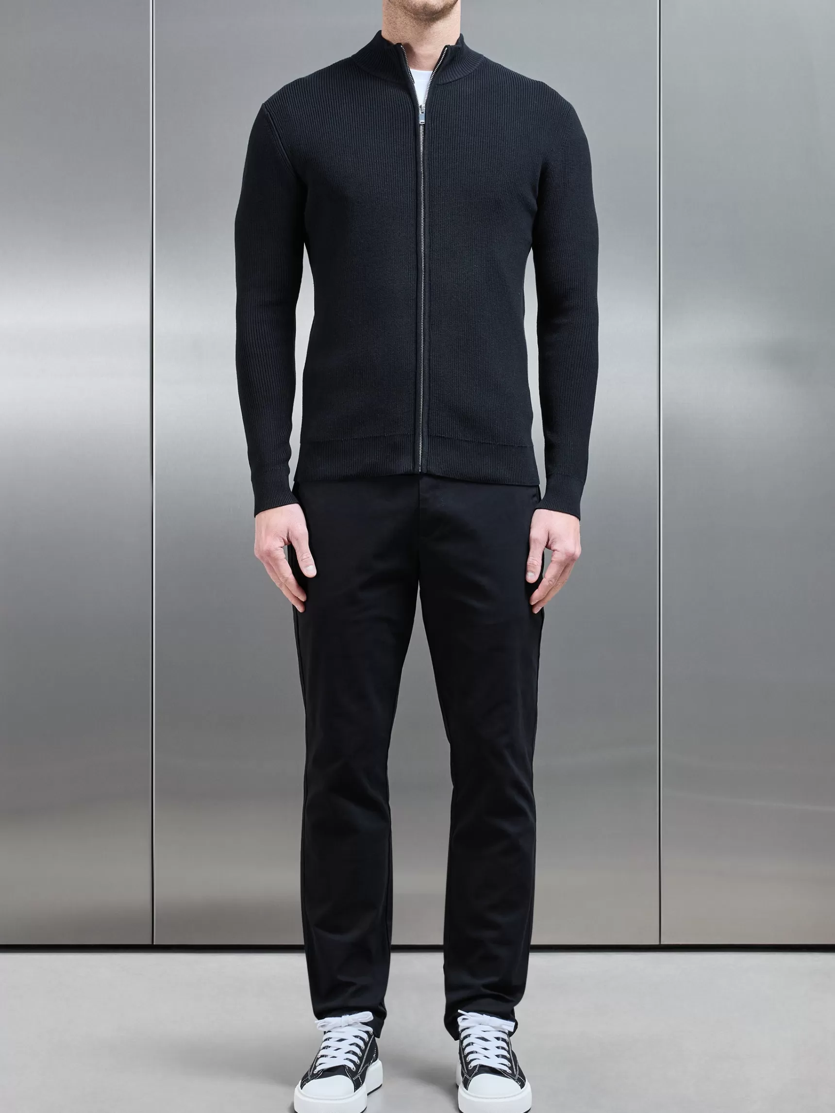 Best Sale ARNE Knitted Ribbed Funnel Neck Zip Through Jacket - Black