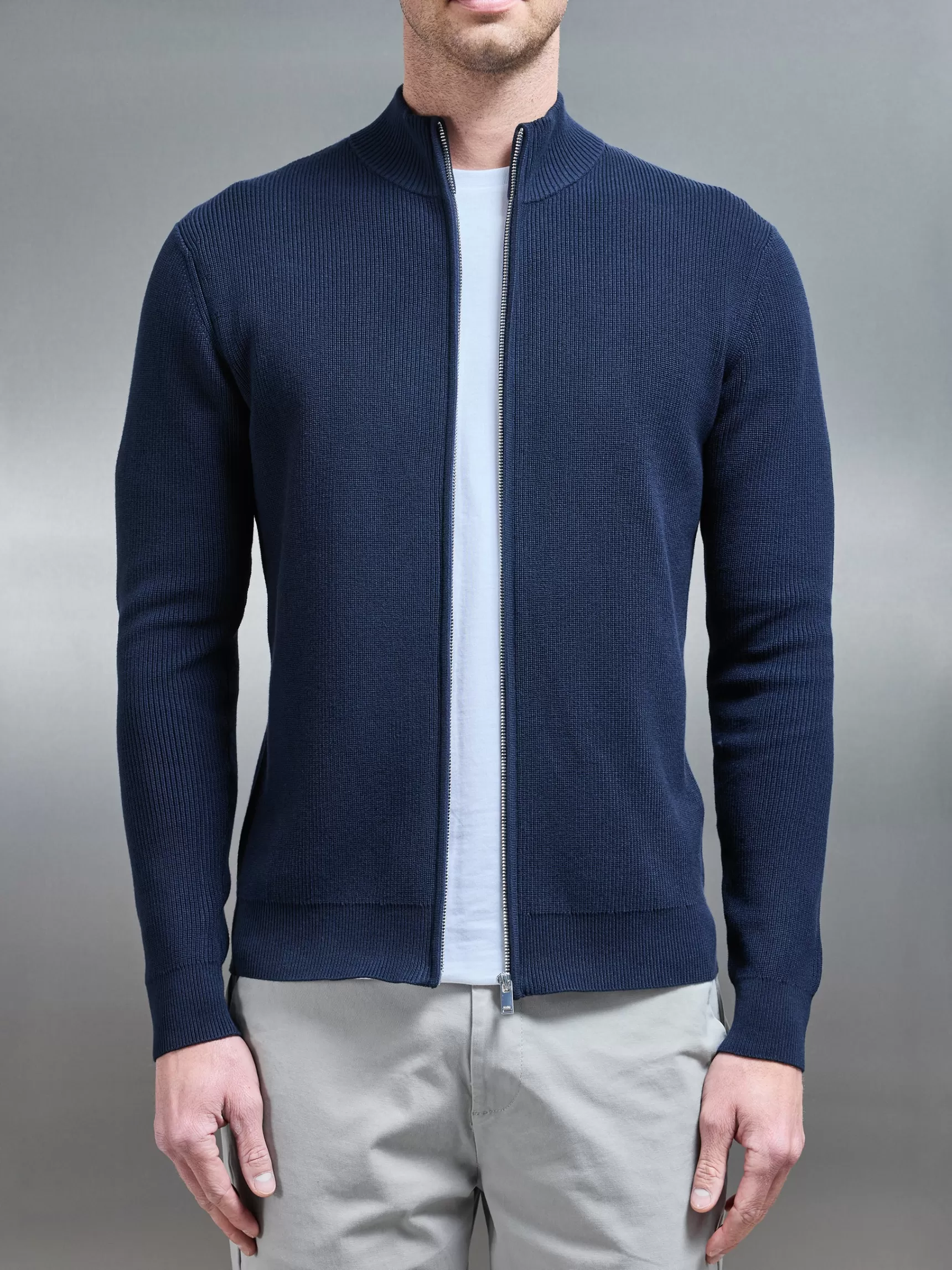 Outlet ARNE Knitted Ribbed Funnel Neck Zip Through Jacket - Navy