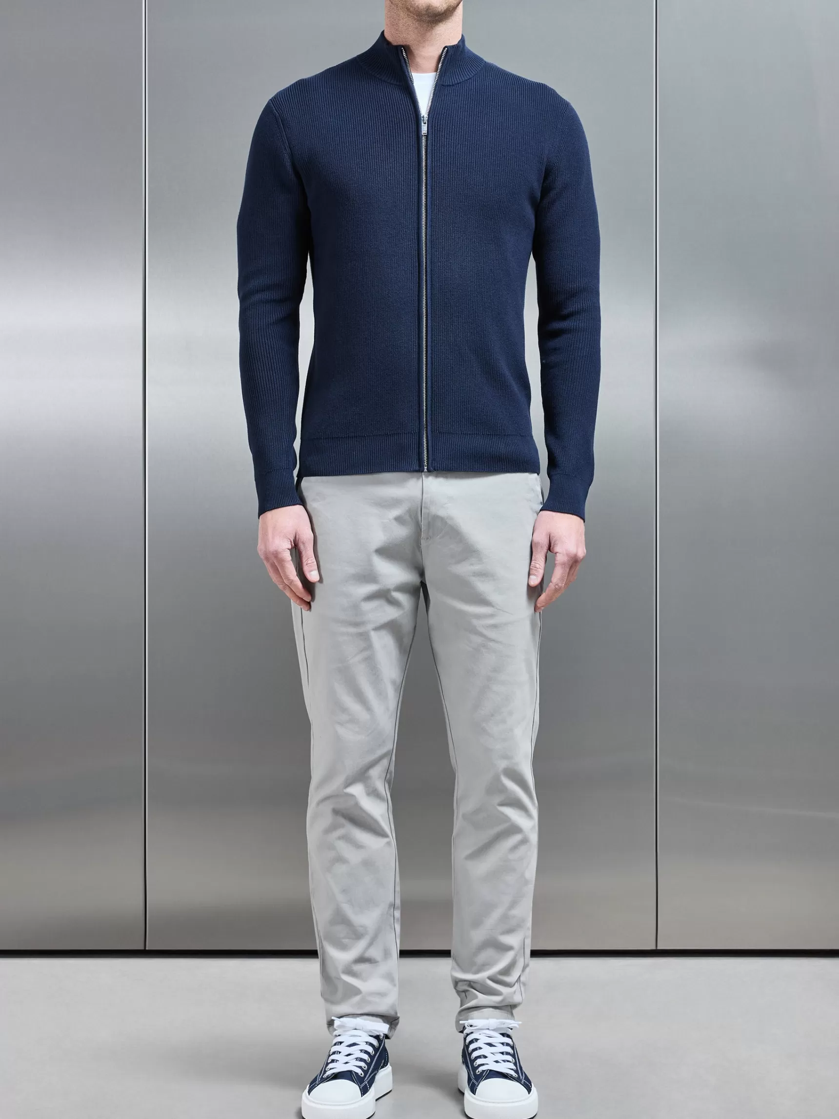 Outlet ARNE Knitted Ribbed Funnel Neck Zip Through Jacket - Navy