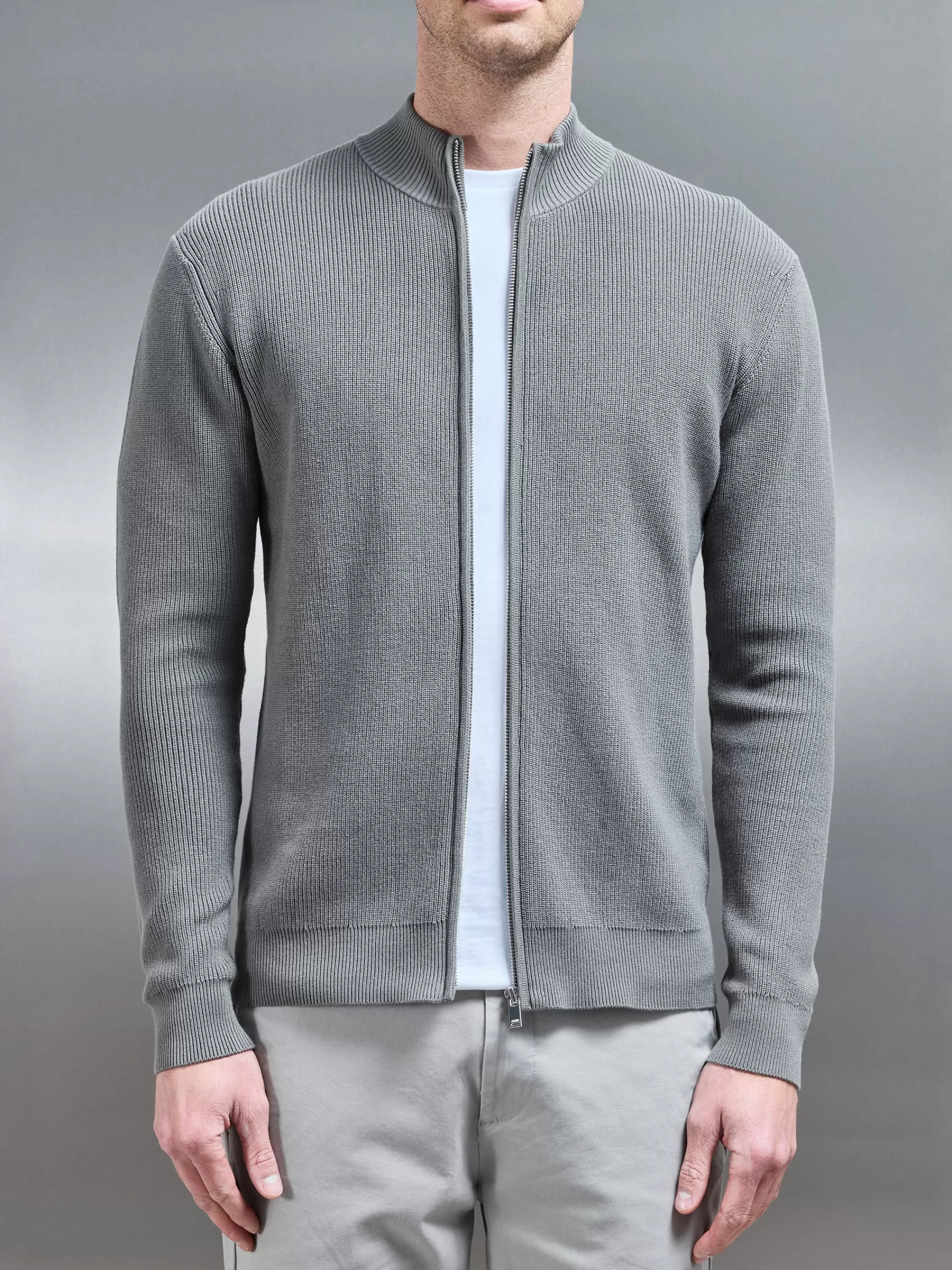 Best ARNE Knitted Ribbed Funnel Neck Zip Through Jacket - Sage