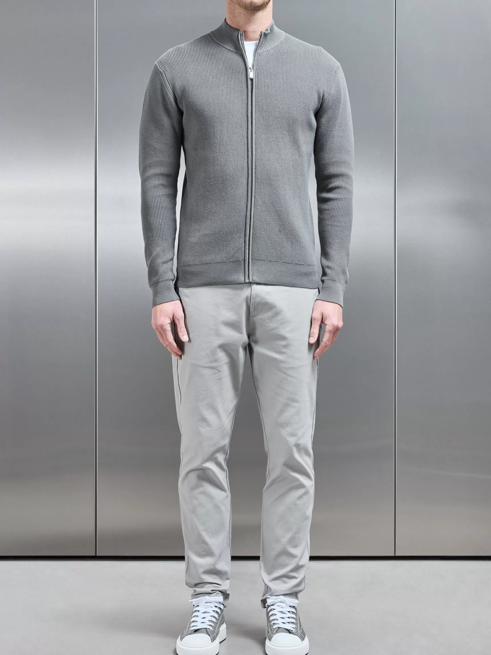 Best ARNE Knitted Ribbed Funnel Neck Zip Through Jacket - Sage