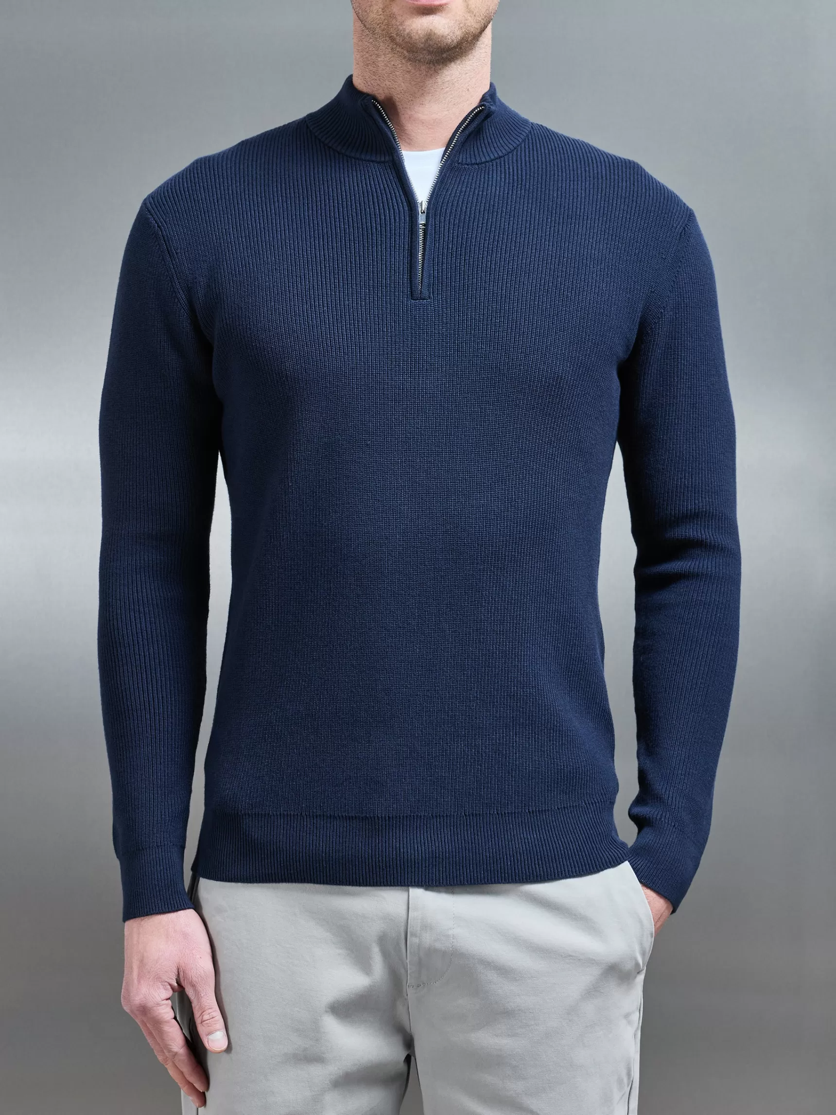 Hot ARNE Knitted Ribbed Half Zip Funnel Neck Jumper - Navy