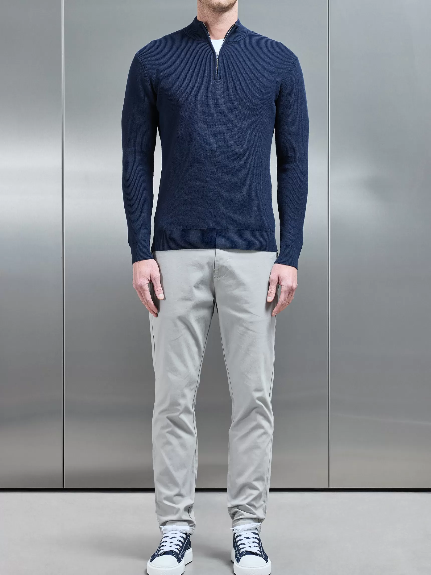 Hot ARNE Knitted Ribbed Half Zip Funnel Neck Jumper - Navy