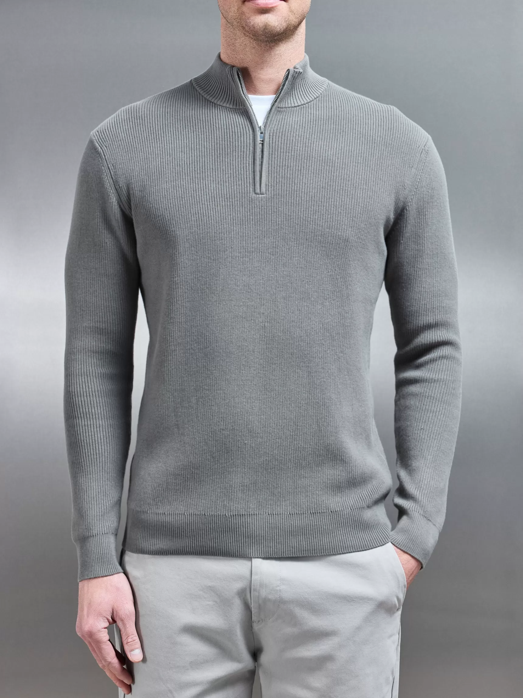 Cheap ARNE Knitted Ribbed Half Zip Funnel Neck Jumper - Sage