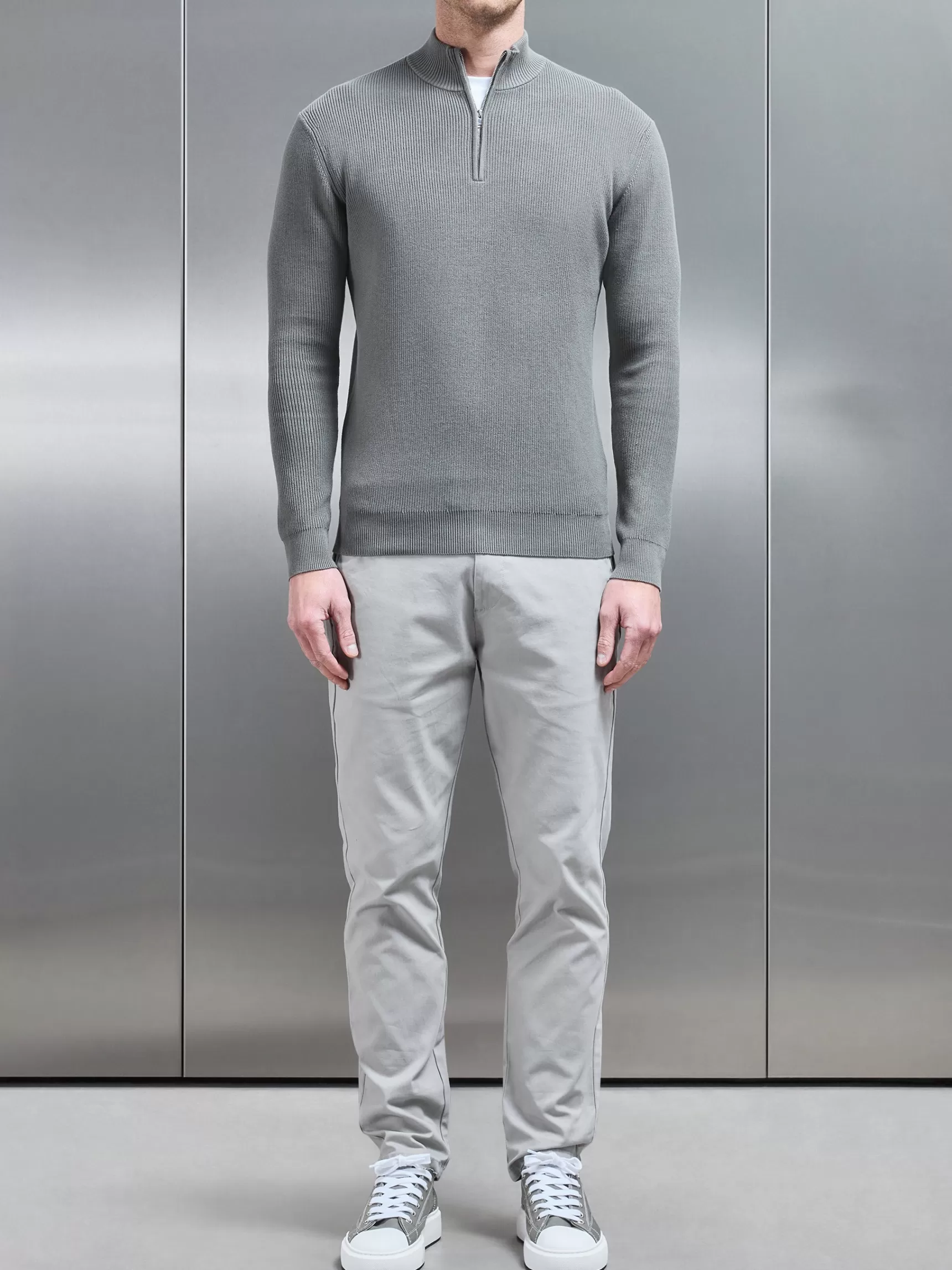 Cheap ARNE Knitted Ribbed Half Zip Funnel Neck Jumper - Sage