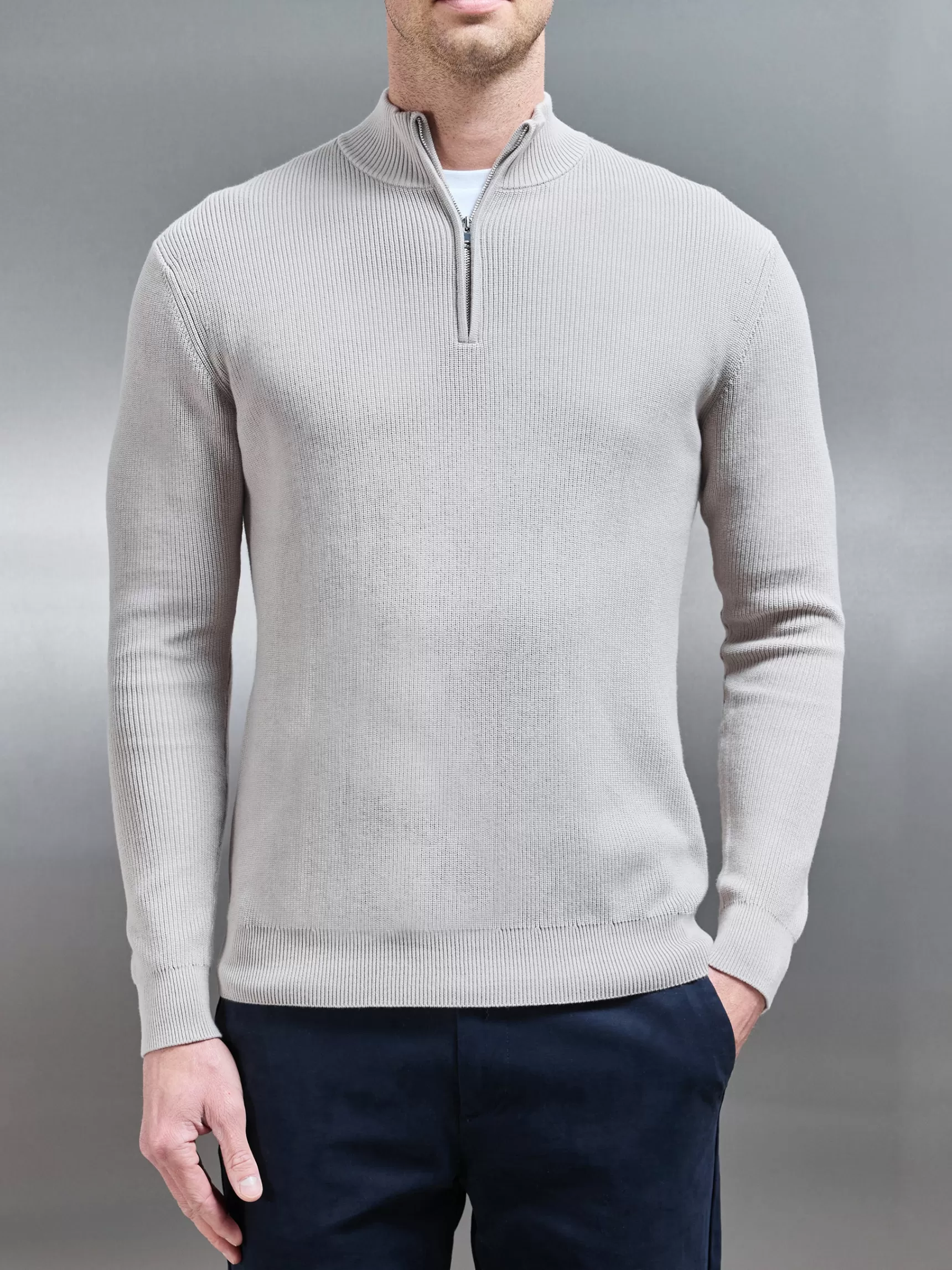 Flash Sale ARNE Knitted Ribbed Half Zip Funnel Neck Jumper - Stone