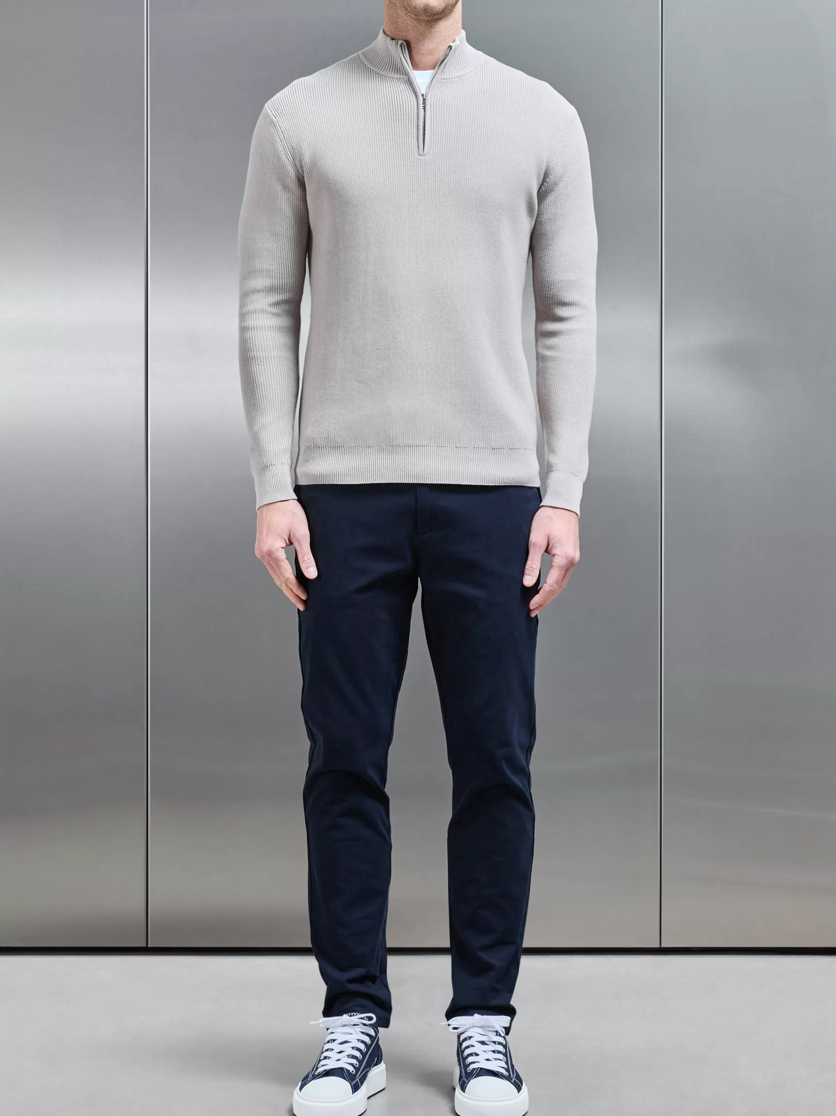 Flash Sale ARNE Knitted Ribbed Half Zip Funnel Neck Jumper - Stone