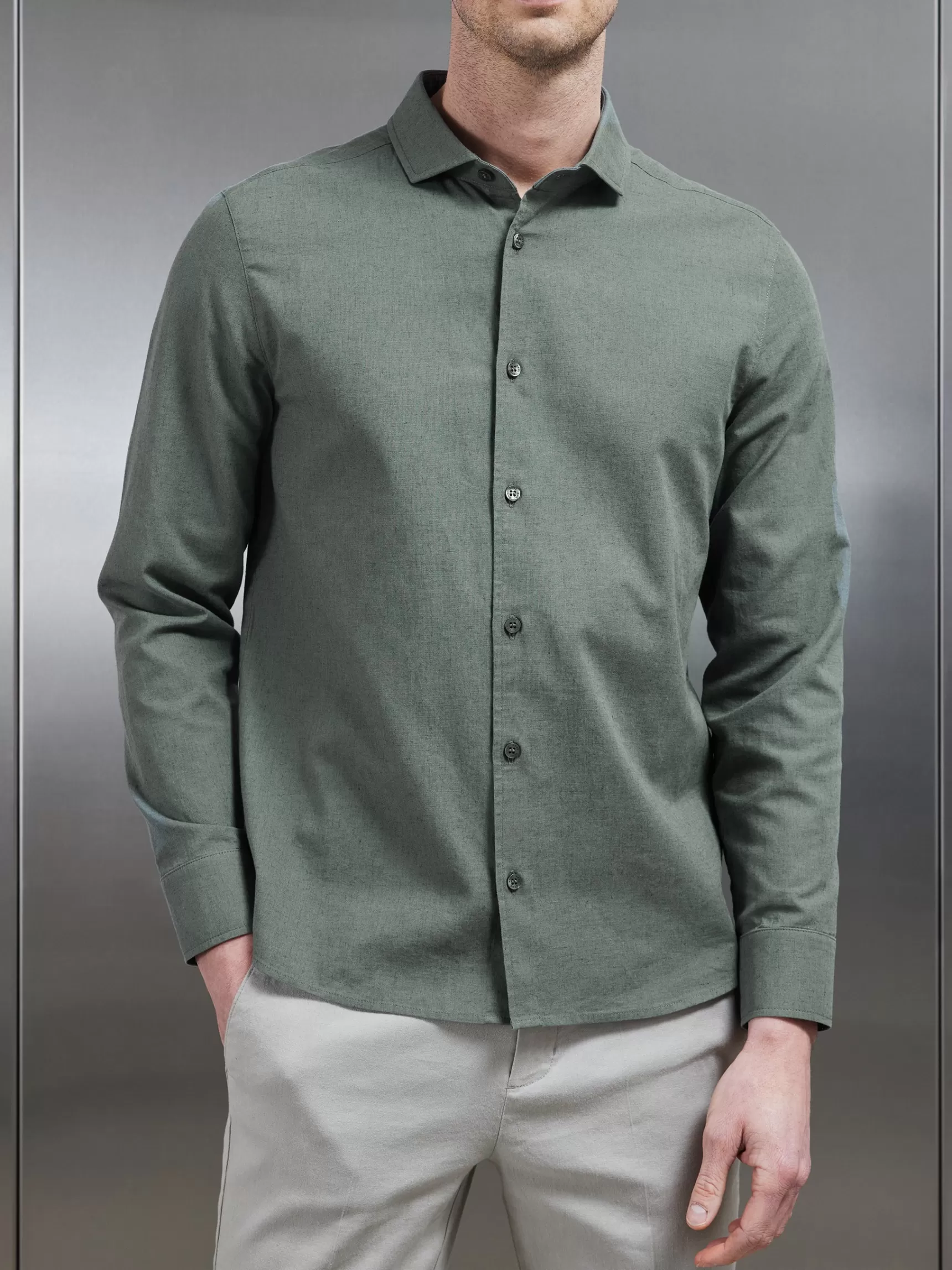 Shop ARNE Linen Long Sleeve Cutaway Collar Shirt - Sage